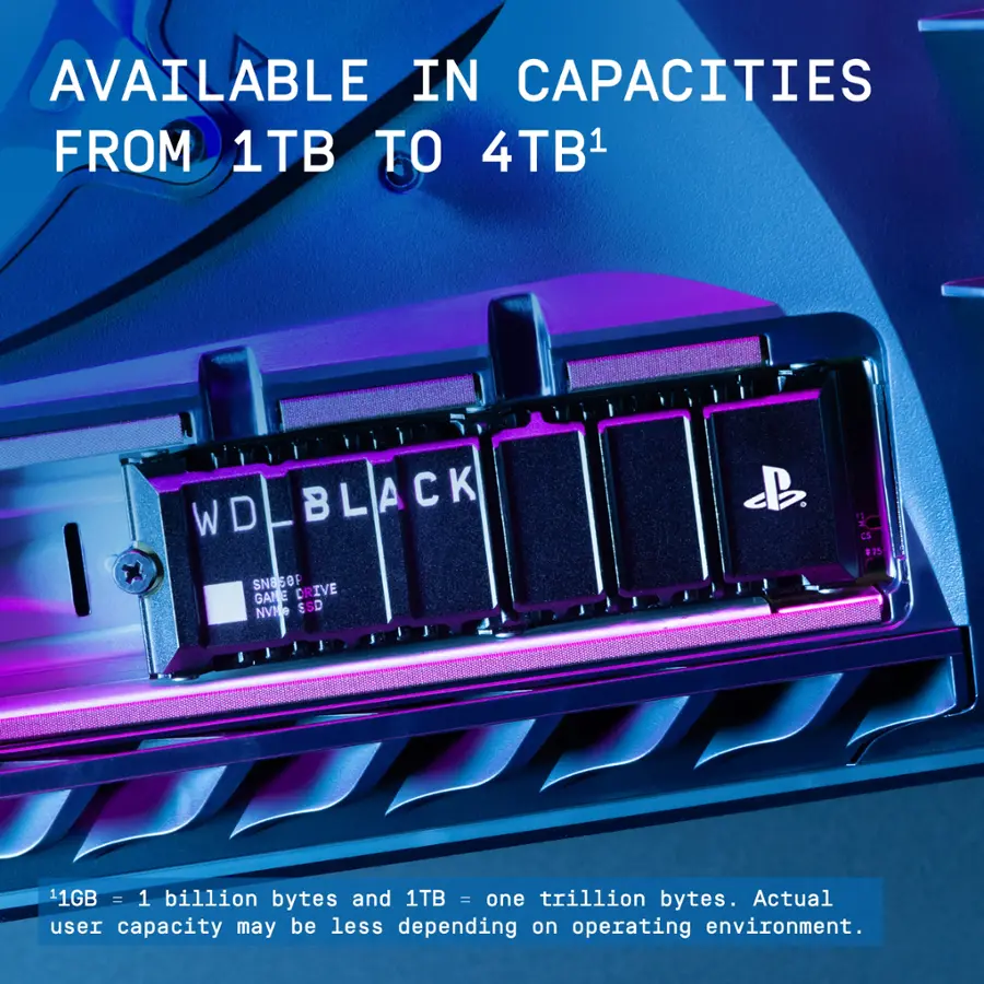 Available in capacities from 1TB to 4TB, the WD WDLBLACK SNESOF GANE DRIVE NVN SSD offers a storage solution for users looking for high-capacity storage options. With 11GB = 1 billion bytes and 1TB = one trillion bytes, the actual user capacity may be less depending on the operating environment.