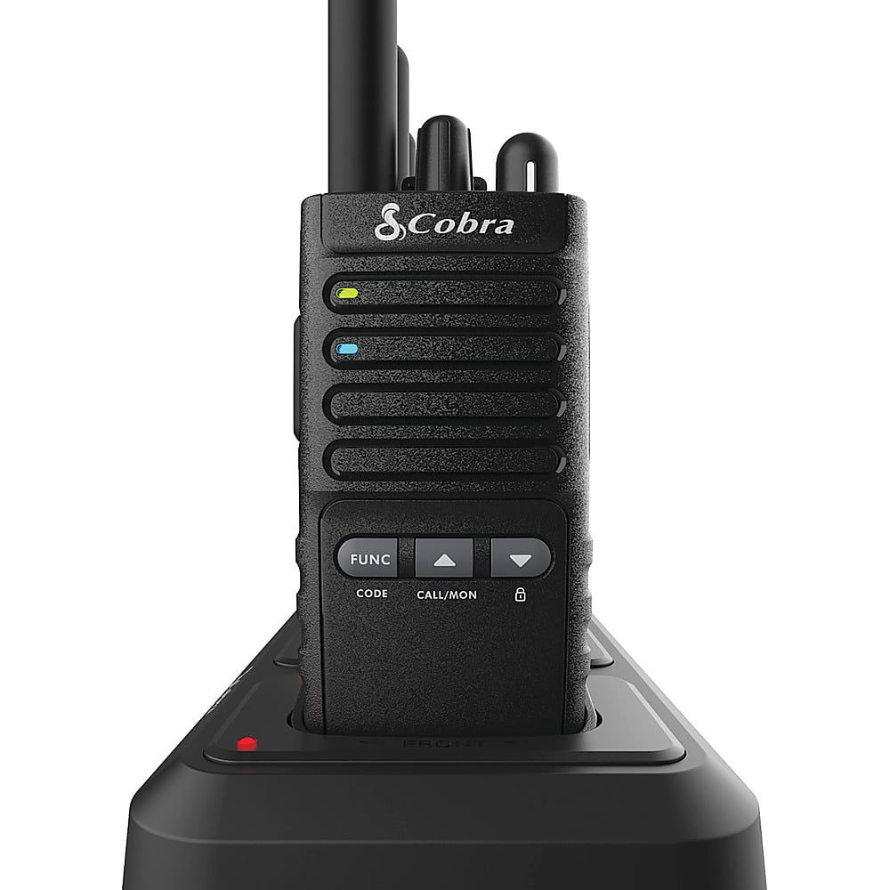 The image features a black Cobra radio with a red button on the front. The radio is designed for use in various situations, such as on a boat, in a car, or during outdoor activities. The radio is equipped with a microphone and speaker, allowing for clear communication during emergencies or while on the go. The radio also has a flashlight function, which can be useful in low-light situations. Additionally, the radio is waterproof, making it suitable for use in wet environments.