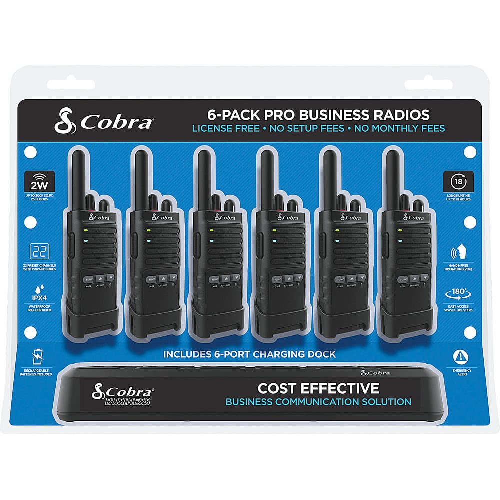 &Cobra 6-PACK PRO BUSINESS RADIOS LICENSE FREE NO SETUP FEES NO MONTHLY FEES 2W L - SOOM a as nLoOm 18 L AN - TO U a &Cobra &Cobra &Cobra &Cobra &Cobra &Cobra 22 i 21E1 CrUsPILs ET LOOES HANFU rVS OPESCTEM IPX4 180 PA/10PVCK WEA TST FAUT ALLISA SRIVEI S INCLUDES 6-PORT CHARGING DOCK RECHREAN PRESTILE MLE &Cobra BUSINESS SCobra COST EFFECTIVE BUSINESS COMMUNICATION SOLUTION