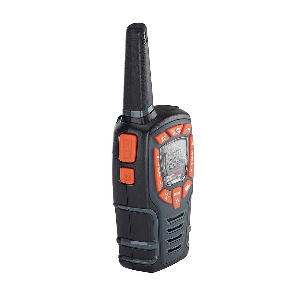 The image features a black and orange radio with a long antenna. The radio is a two-way radio with a scan function that allows users to scan through different channels. The radio also has a built-in speaker and a headset jack for hands-free communication. The radio is designed for easy operation with its large buttons and a clear display. The radio is also equipped with a flashlight and a built-in clock.