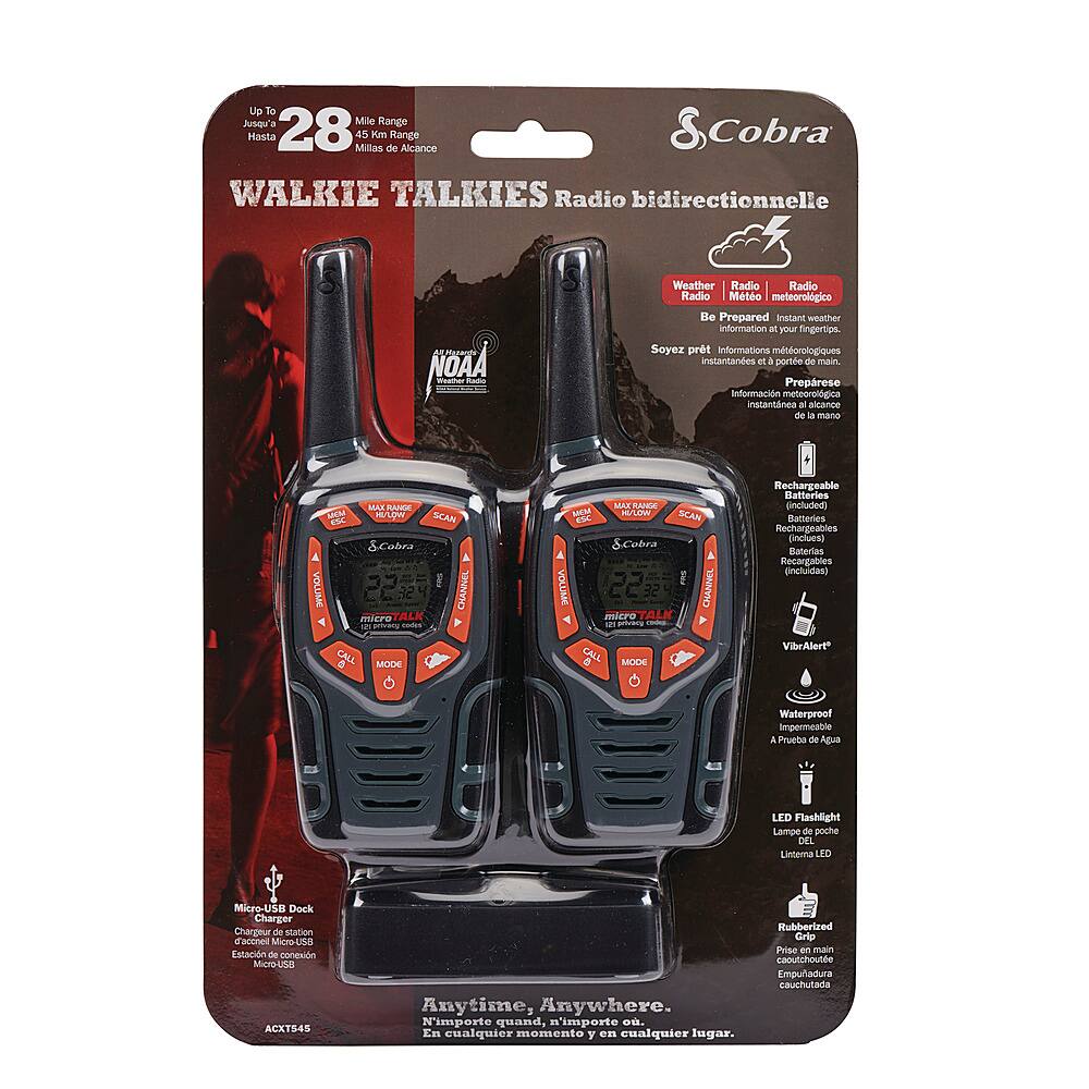 Up la 'upeul Mile Range Masta 28 45 Mitas Km de Range Alicance Cobra WALKIE TALKIES Radio bidirectionnelle NOAA Woather Radio Radio adio Mto meteorolgico Be Prepared Izan weather infornation ot your gn Soyez prt Informations mseorologiques instantanes ot & portle de main. Preprese nforacin meteorolgica instantniea - aicance de la mana MAE RAMDE NCM n/Lne SCAN Sc &Cobra VOLUME CHANNEL midro ALK  - MAK RAHDE NCM n/Lne SCAN PS Cabra VOLUME 22 CHANNEL micreTALK - gnioec Rechargeable Batteries uncluded: nateries Rechargeables incluea) Baterias nadaSe (sepyrt MODE CALL MICDE VibeAlert* Waterproof impermesbile APrueba de Agua LED Flashlight Lampe de poche DLL Lantenna LED Micro-USB Dock Charger Chargeur - station d'acched Micre-SdO Esacin de conexin Mcro-S3 ACXT545 Anytime, Anywhere. N'importo quand, n'importe ea. En cualquier momento Y en cualquier lugar. Rubberired Grlp Prise oF main caoutchoute Empuadura cauchutada.