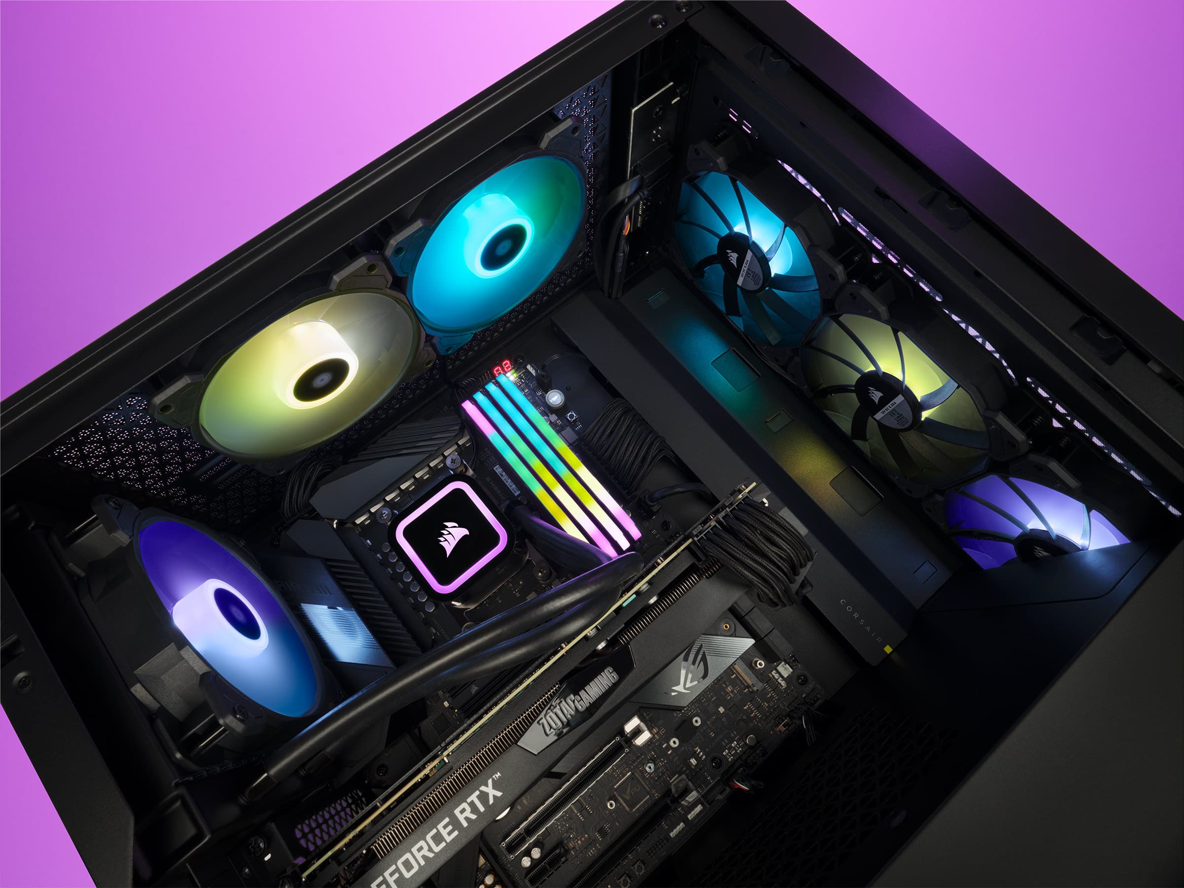 The image features a computer system with a variety of fans and cooling systems. The largest text reads "Force RTX E-Force," which is likely a brand or model name for the gaming system. The image also includes a close-up of the computer's internal components, showcasing the fans and cooling systems.