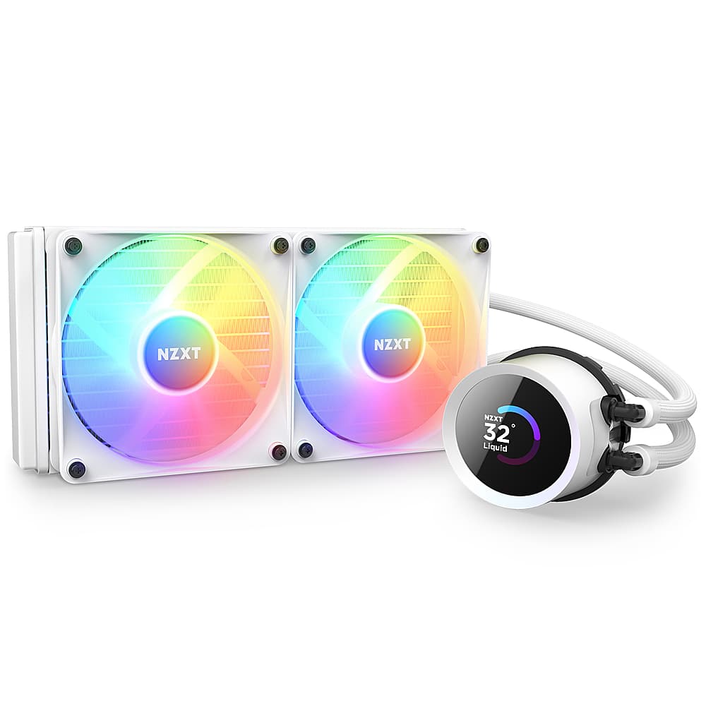 Front. NZXT - Kraken RGB 240mm Radiator CPU Liquid Cooler (2 x 120mm Core Fans) with RGB Controller and 1.54" LCD Display - White.