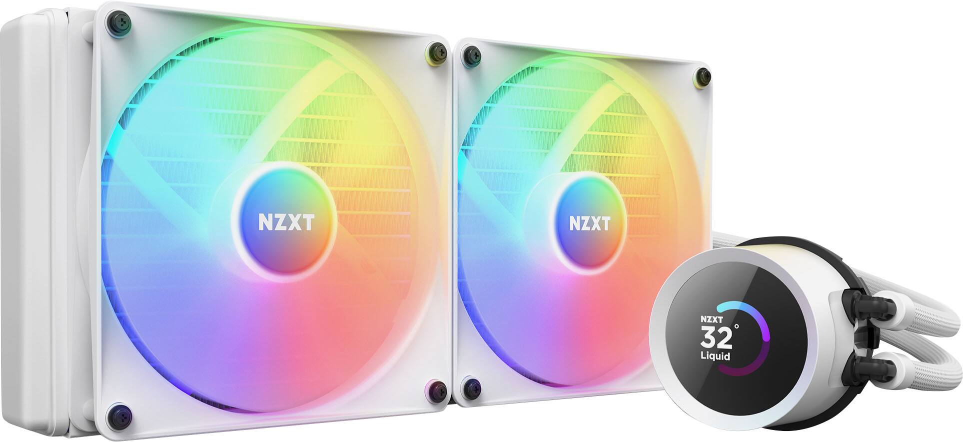 Front. NZXT - Kraken RGB 280mm Radiator CPU Liquid Cooler (2 x 140mm Core Fans) with RGB Controller and 1.54" LCD Display - White.