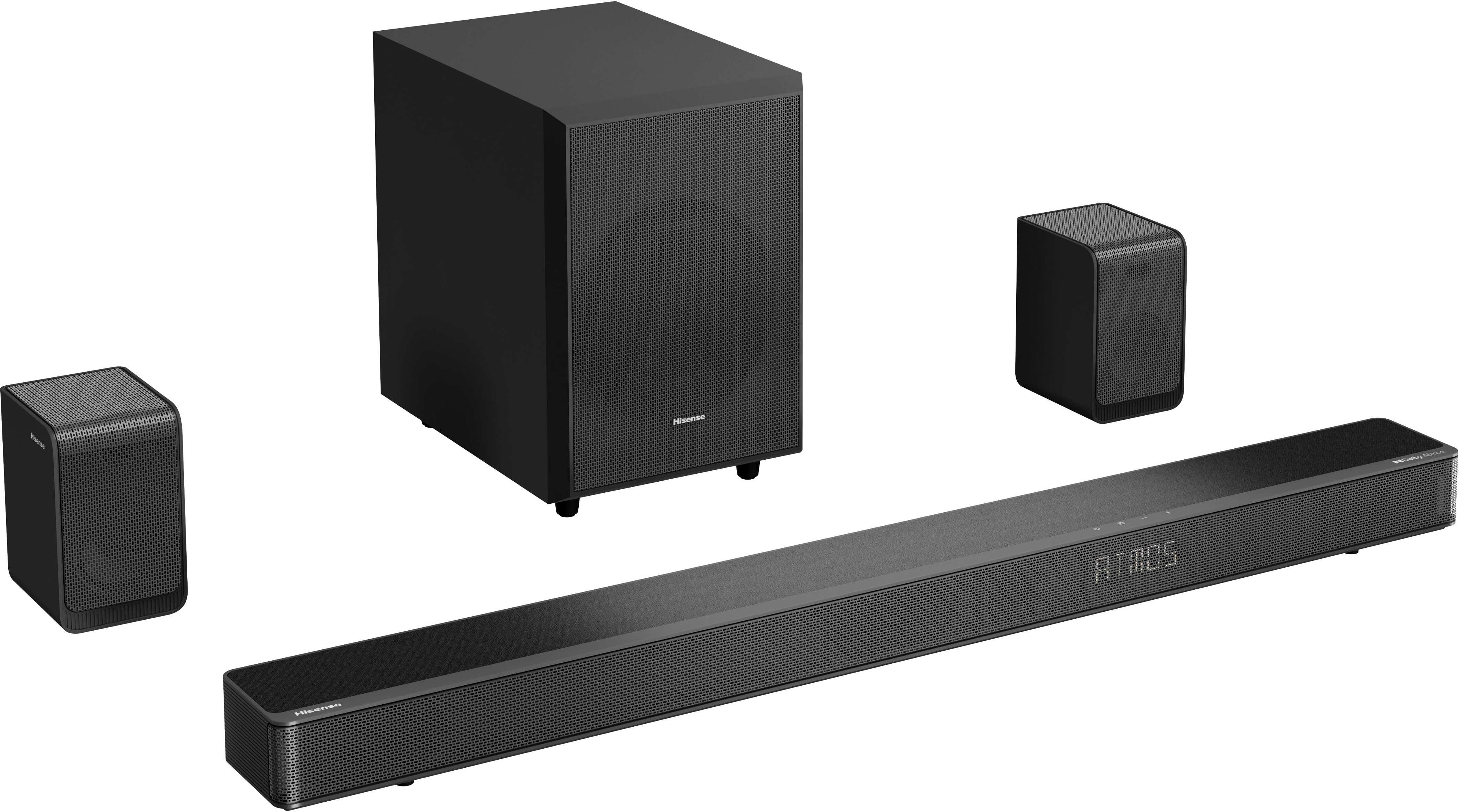 Left View: Hisense - 5.1.2 Dolby ATMOS  Soundbar with Wireless Rear Satellite Speakers & Wireless Subwoofer - Black