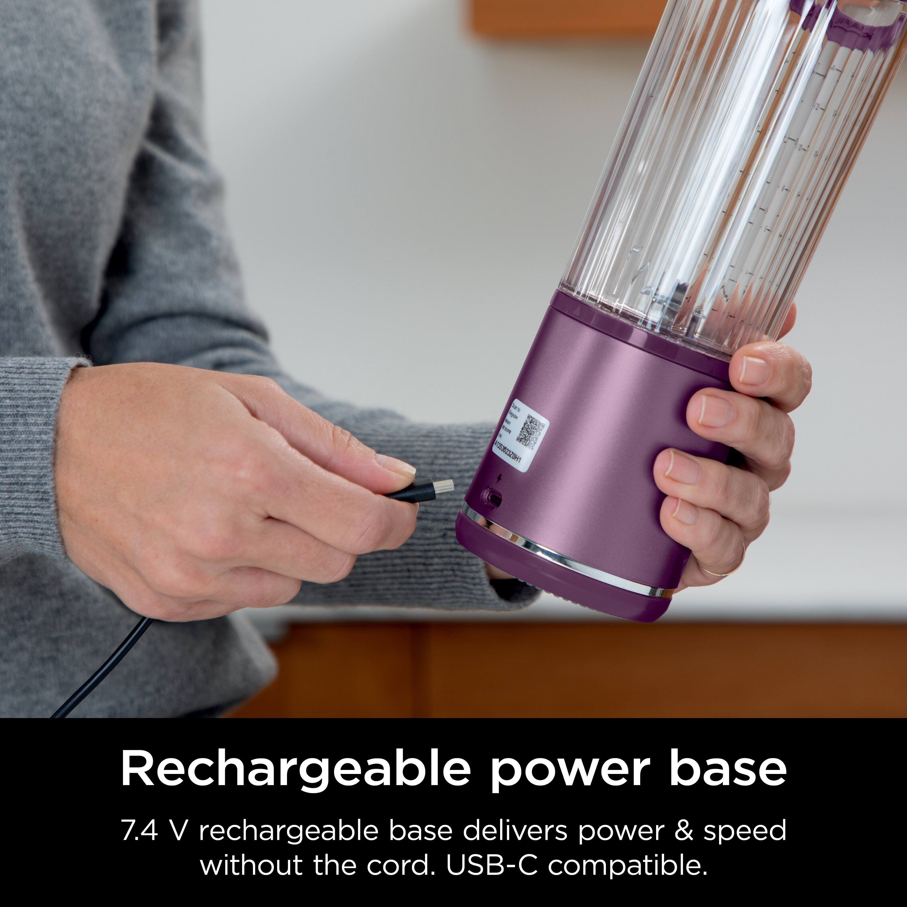 The image features a person holding a purple rechargeable power base, which delivers power and speed without the need for a cord. The power base is compatible with USB-C and offers a 7.4V rechargeable option.