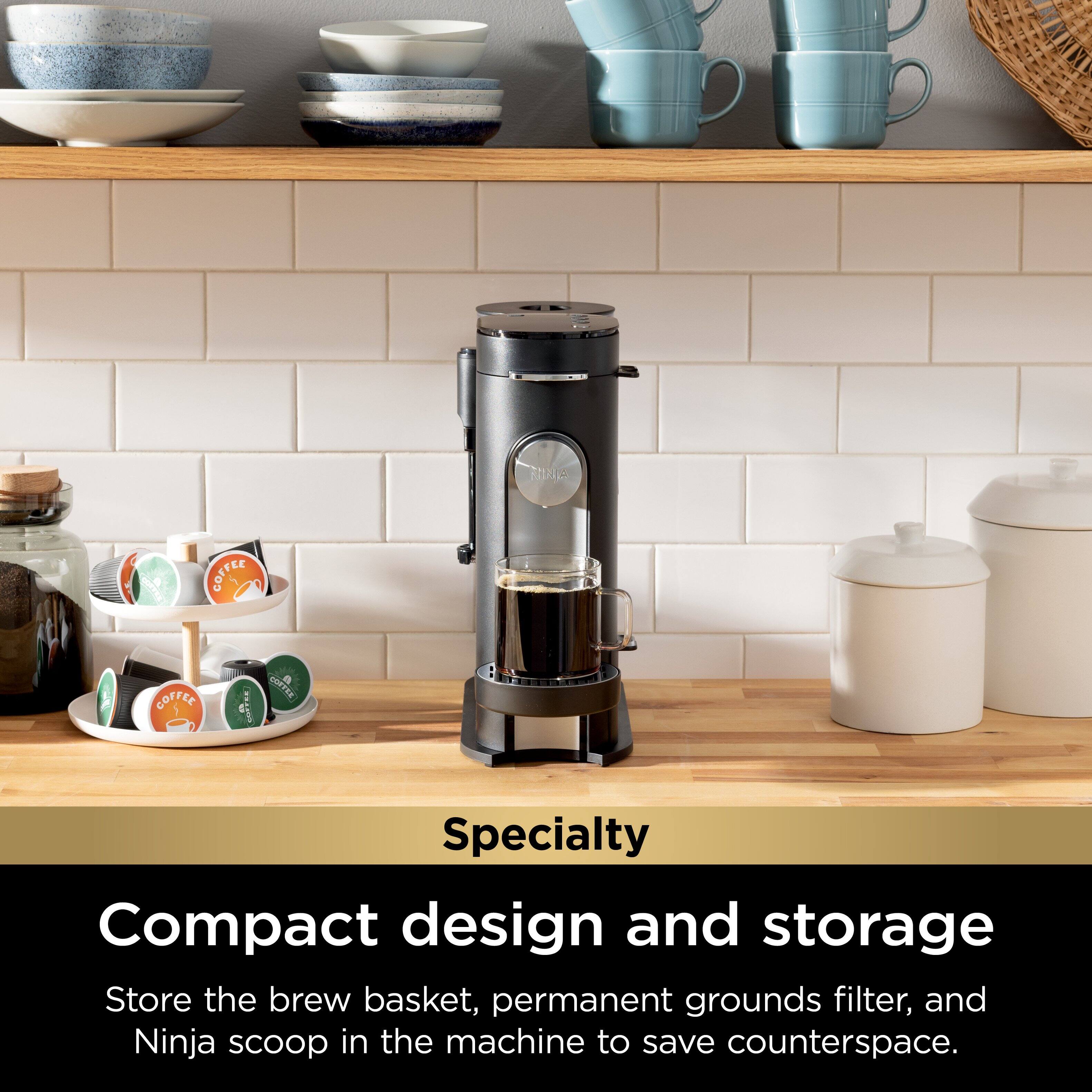I COMPACT COFFEE MAKER Specialty Compact design and storage Store the brew basket, permanent grounds filter, and Ninja scoop in the machine to save counterspace.