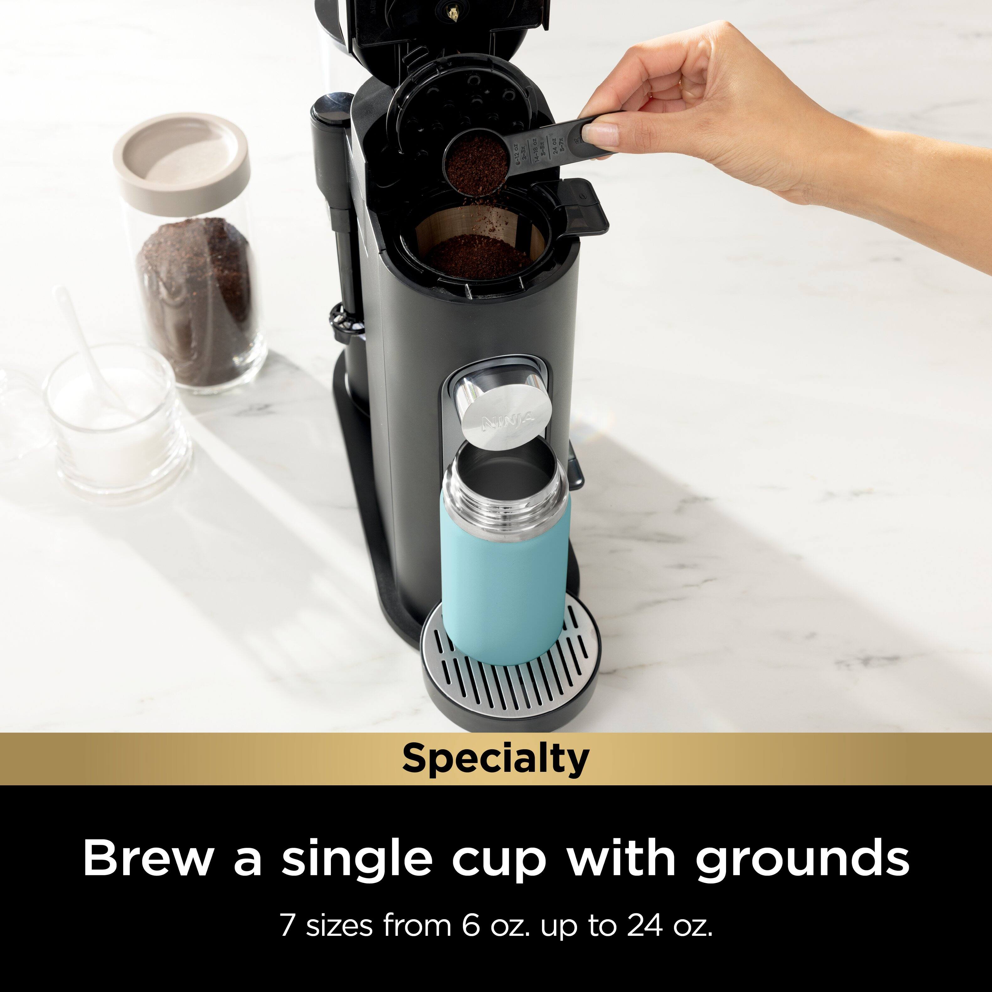 Brew a single cup with grounds. 7 sizes from 6 OZ. up to 24 OZ.