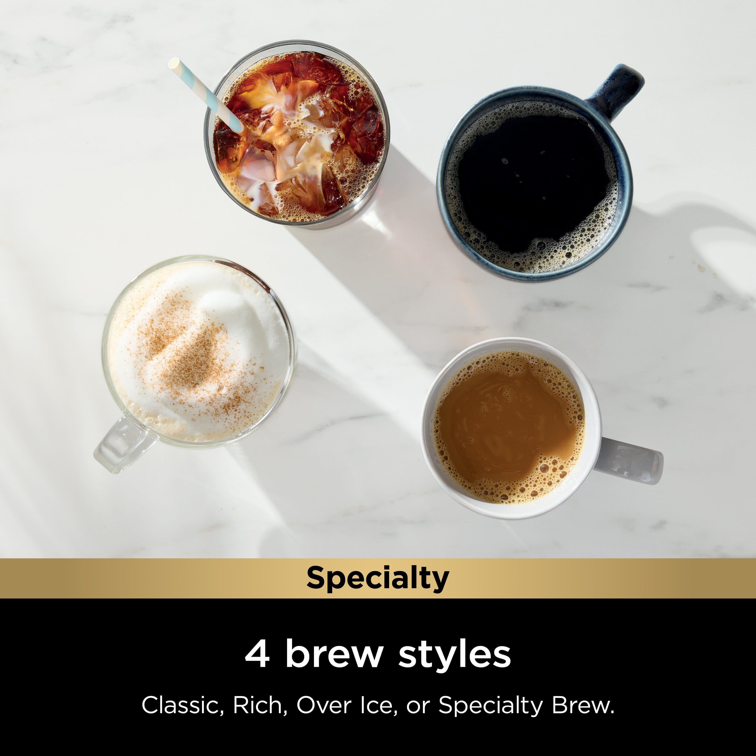 Specialty 4 brew styles: Classic, Rich, Over Ice, or Specialty Brew.