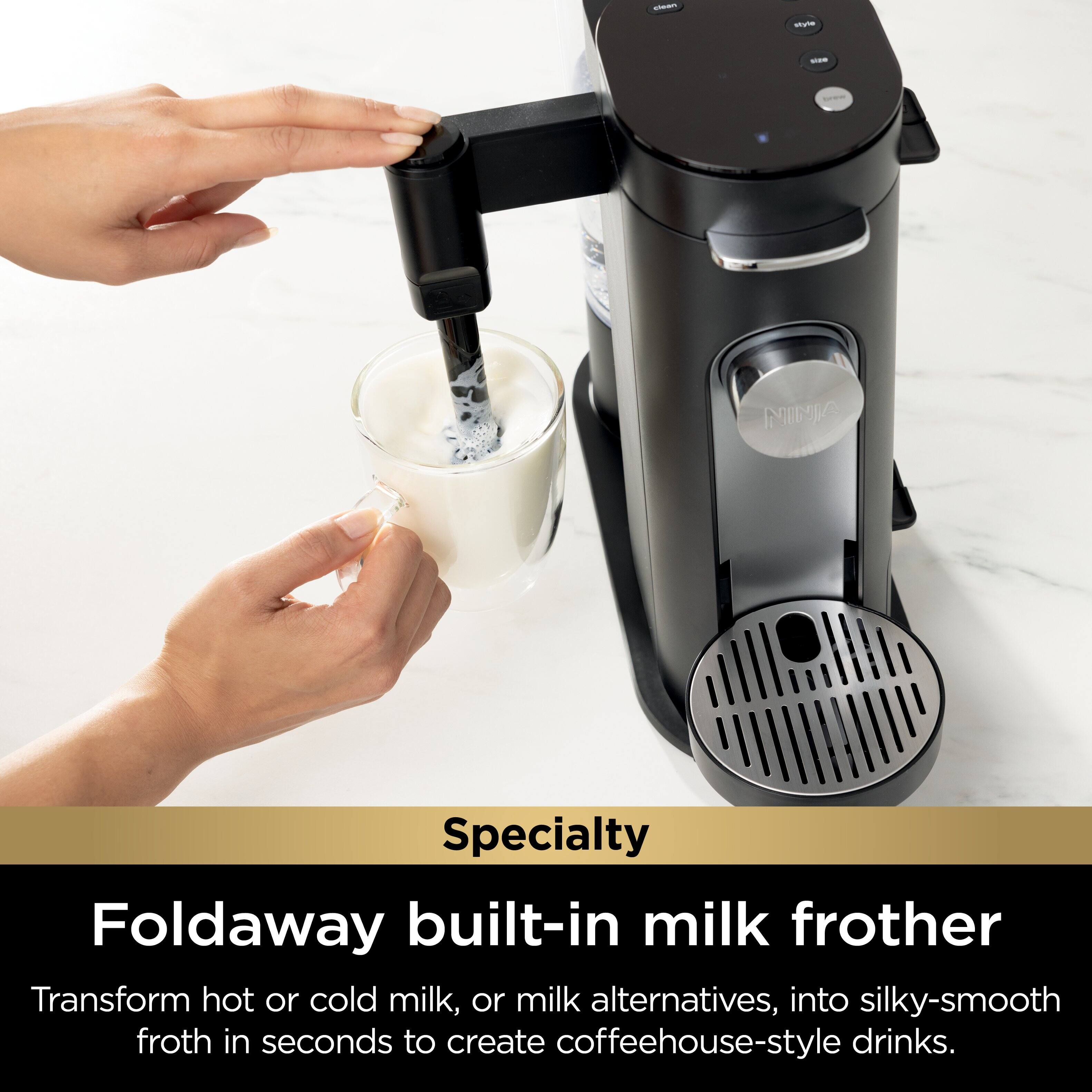 "Ninia Specialty Foldaway built-in milk frother Transform hot or cold milk, or milk alternatives, into silky-smooth froth in seconds to create coffeehouse-style drinks."