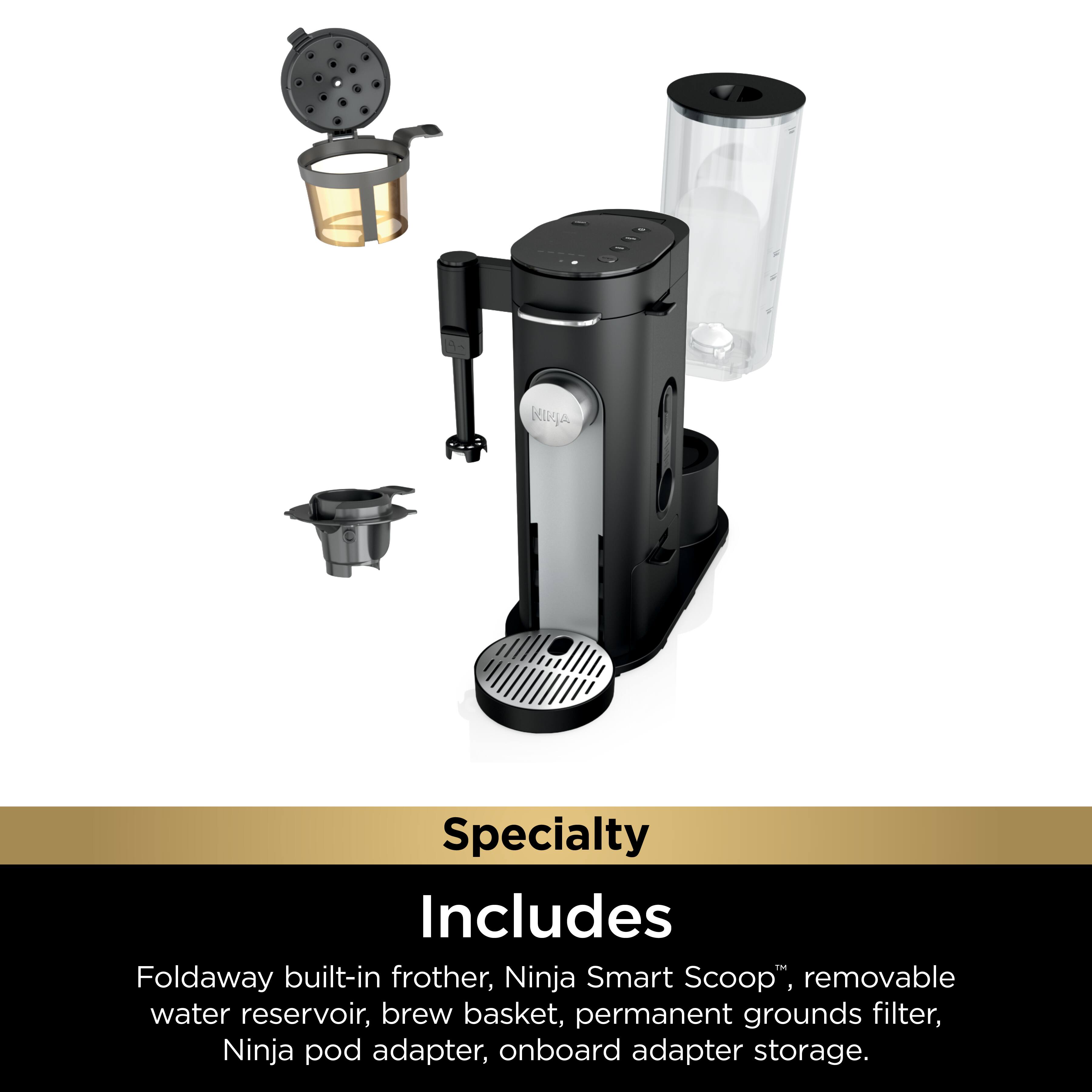 The image features a coffee maker with a specialty that includes a foldable built-in frother, Ninja Smart Scoop, removable water reservoir, brew basket, permanent grounds filter, Ninja pod adapter, and onboard adapter storage.