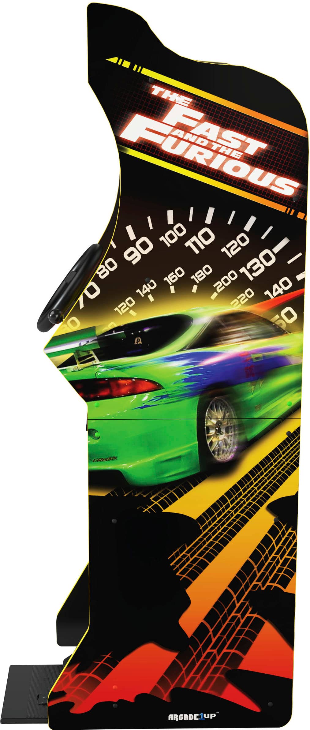 The Fast and the Furious game is displayed on a machine that shows the speedometer at 100, 110, 90, 120, 80, 160, 180, 200, 130, 140, 120, 0, 50, and 140.