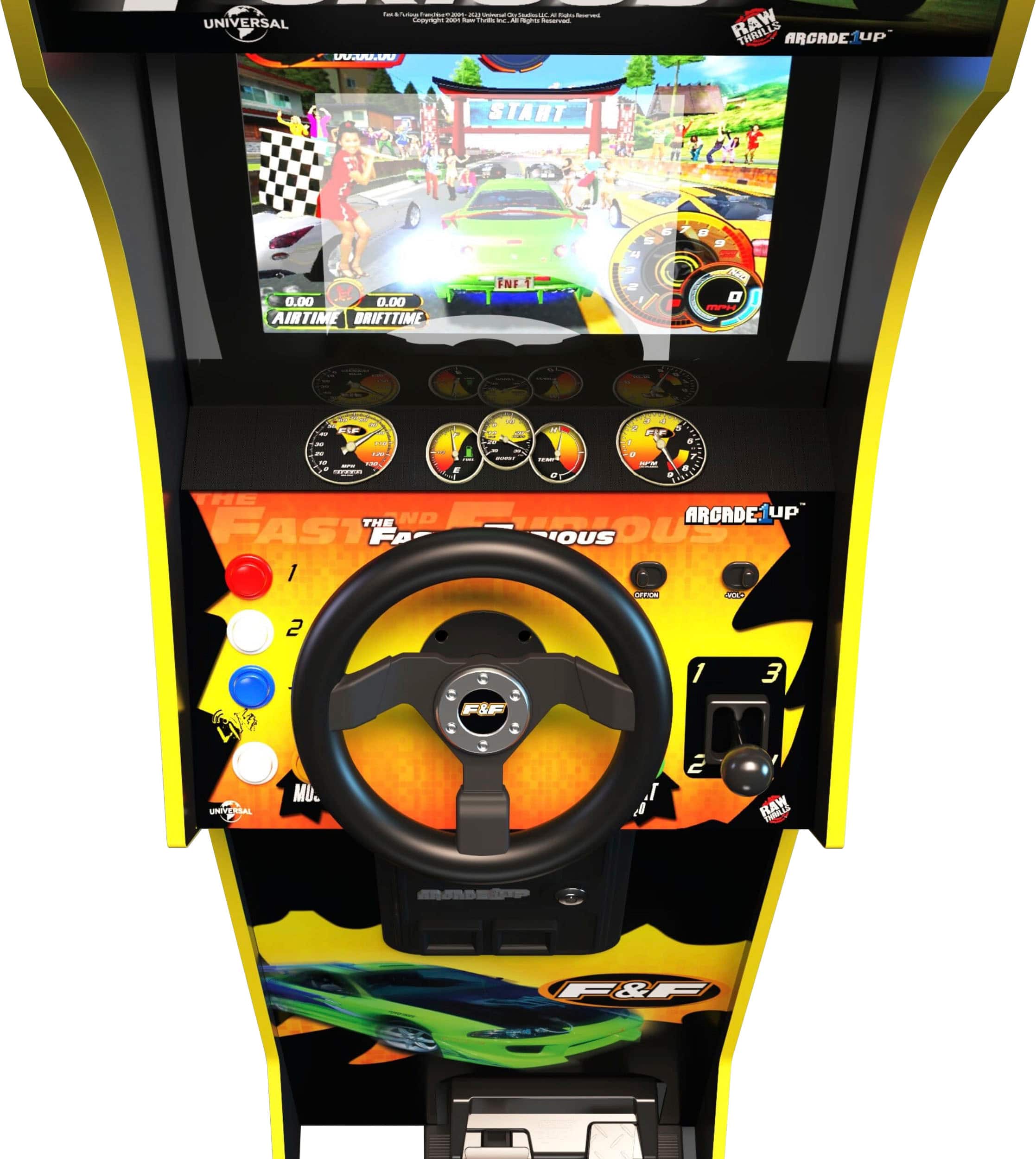 Fast & Furious: The Arcade game is a racing game that features a steering wheel controller and a video screen. The game is set in a racing environment, and players must navigate through various courses while competing against other racers. The game is designed to be played in an arcade setting, and it is likely to be popular among racing game enthusiasts.
