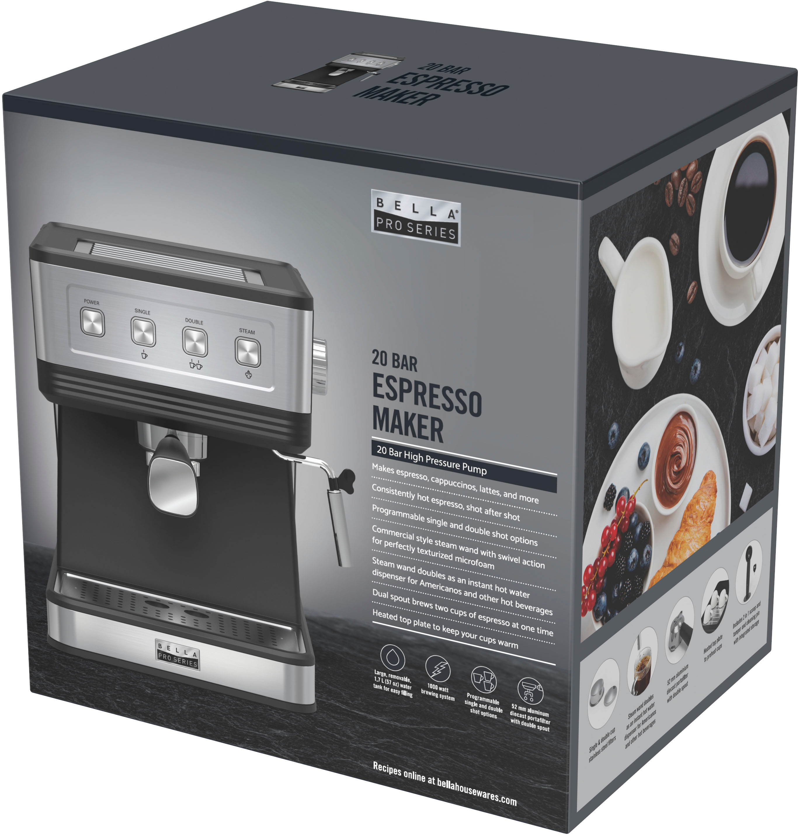 Bella Pro Series Espresso Machine with 20 Bars of Pressure Stainless ...
