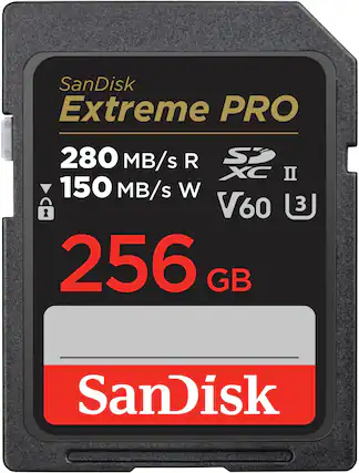 Front. SanDisk - Extreme Pro 256GB SDXC UHS-II V60 Memory Card - Black.