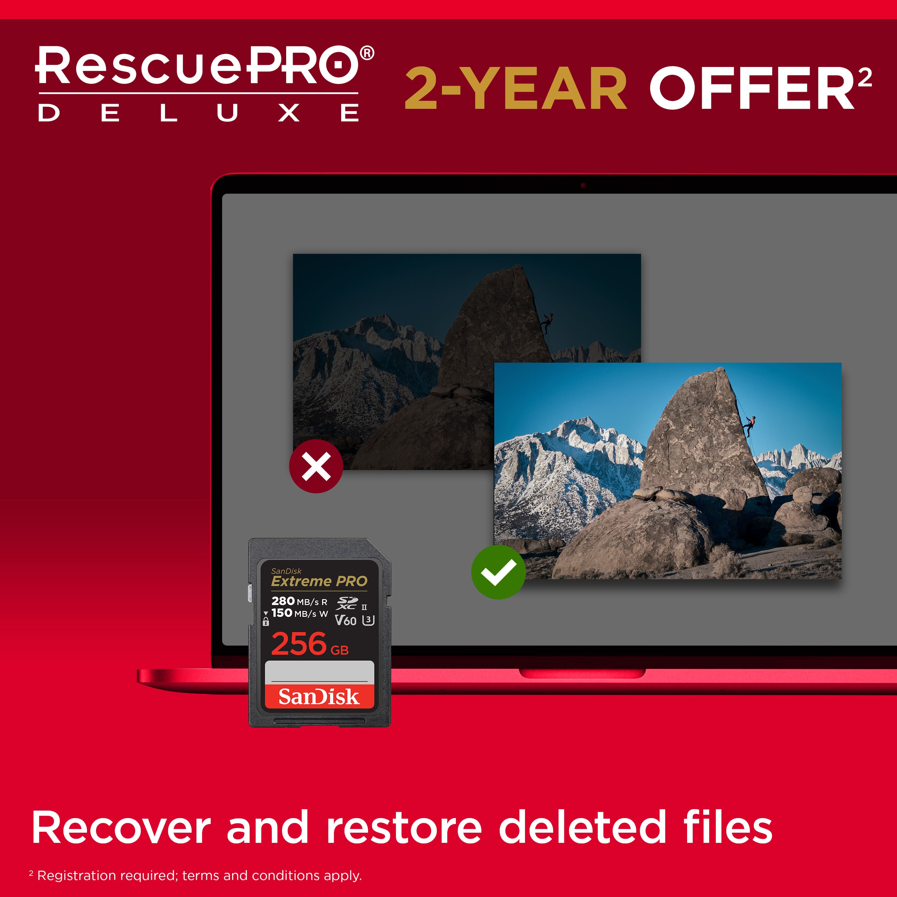 RescuePRO 2-YEAR OFFER DELUXE: SanDisk Extreme PRO 280 MB/s, 150 MB/s, 256 GB. Recover and restore deleted files. Registration required: terms and conditions apply.