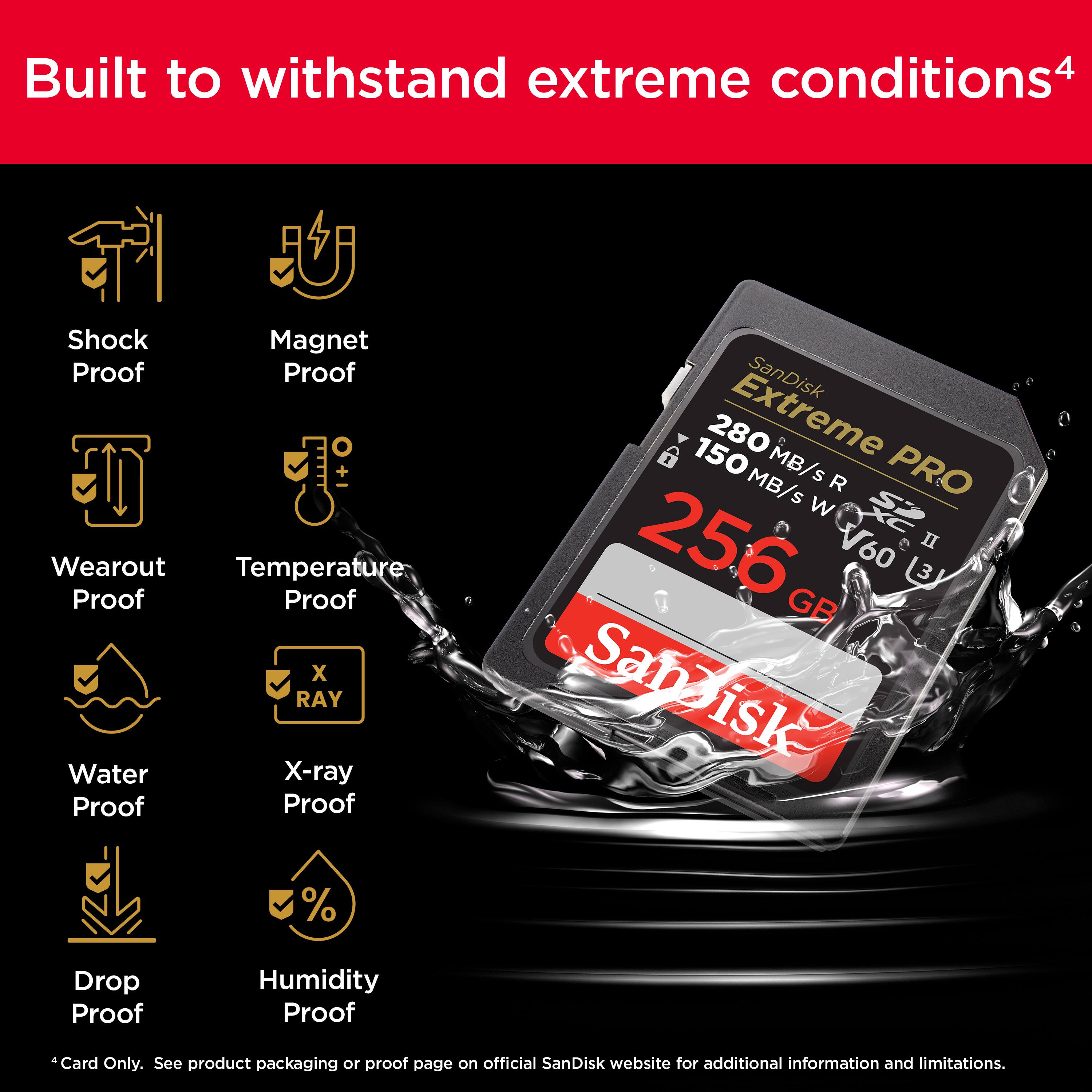 Built to withstand extreme conditions: Shock, Magnet Proof, Proof, Wearout, Temperature Proof, X-ray Proof, Water Proof, Drop Proof, Humidity Proof. Card only. See product packaging or proof page on official SanDisk website for additional information and limitations.