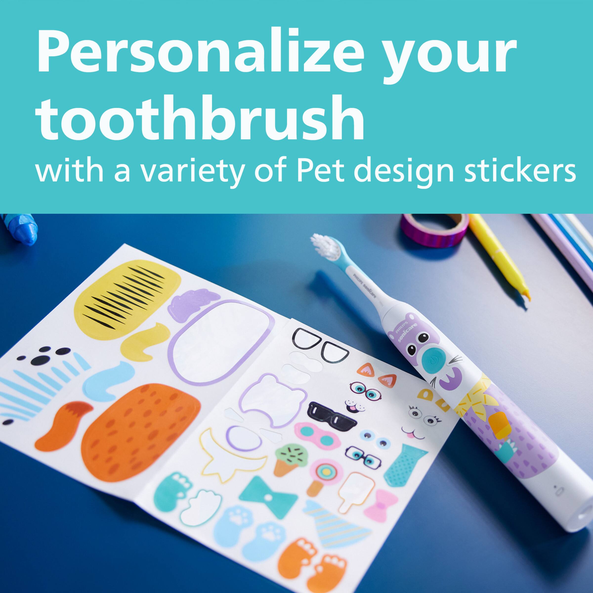 Personalize your toothbrush with a variety of Pet design stickers.