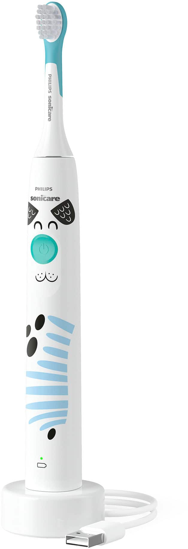 The image features a white toothbrush with a blue handle, which is a part of the Philips Sonicare electric toothbrush system. The toothbrush is designed to provide a more effective and efficient cleaning experience, as it uses electric power to remove plaque and food particles from teeth and gums. The toothbrush is standing upright in the image, showcasing its design and functionality.