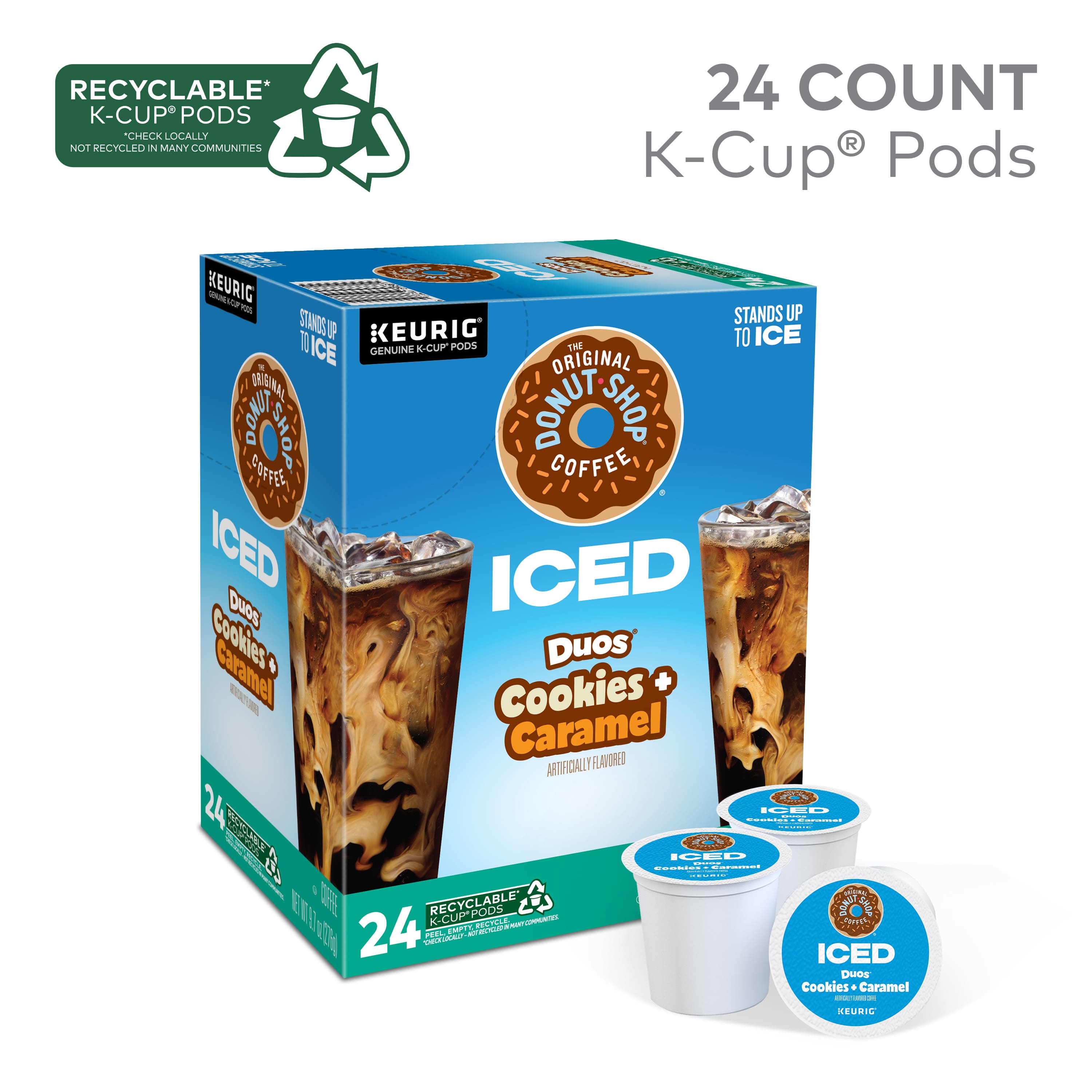 The image features a box of 24 count Keurig K-Cup pods, which are recyclable. The box contains a variety of flavors, including iced coffee and iced donut shop coffee. The box also includes two small cups, which can be used for serving the coffee. The box is blue and green in color, and the packaging is designed to stand up. The Keurig pods are made from recyclable materials, but they are not recycled in many communities.