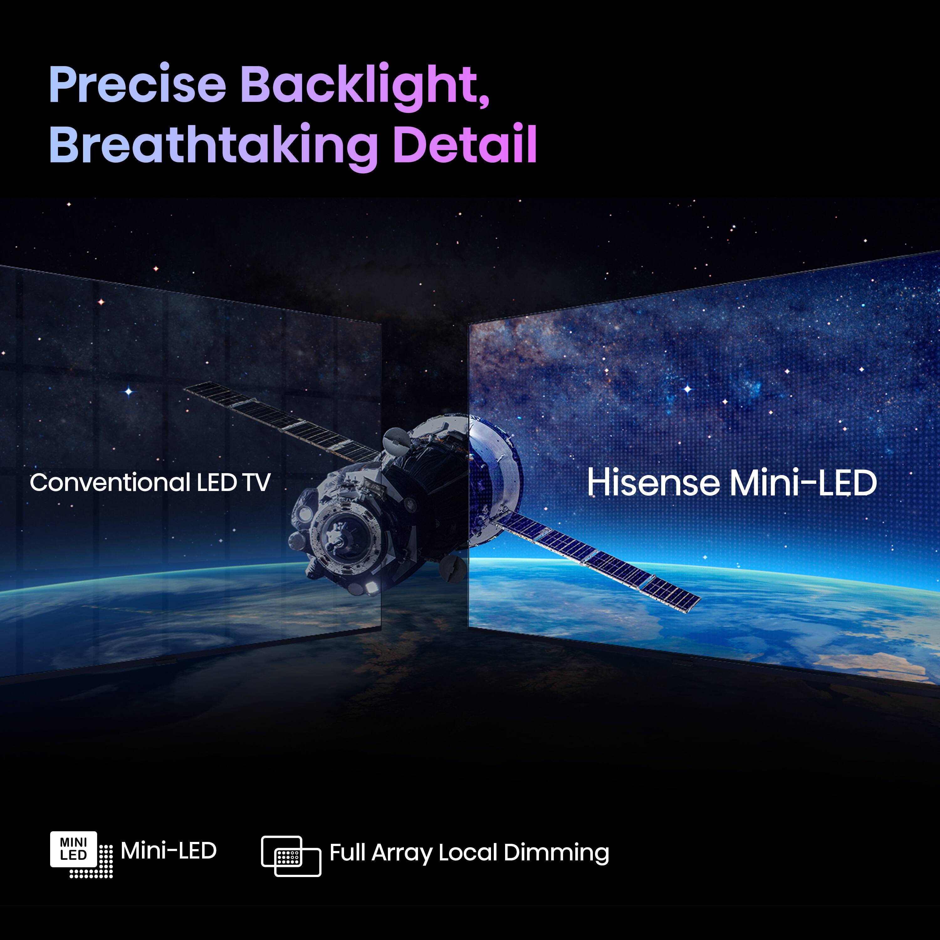 The image features a Hisense Mini-LED TV with a large screen and a stunning display of a space shuttle. The TV is showcasing its precise backlight and breathtaking detail, making it an attractive choice for customers looking for a high-quality viewing experience. The Mini-LED technology used in this TV provides a full array local dimming feature, which enhances the contrast and brightness of the screen, resulting in an immersive and vivid visual experience.