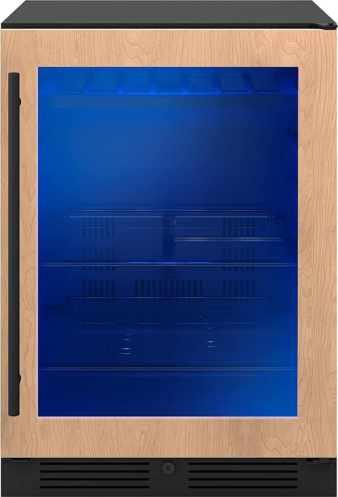 Angle. Zephyr - Presrv 24 in. 7-Bottle and 108-Can Single Zone Panel-Ready Beverage Cooler - Panel Ready + Glass.