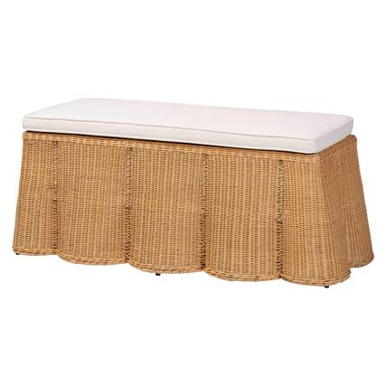 Front. bali & pari - Palm Scallop Natural Rattan Ottoman with Cushion – Handwoven Wicker Accent Bench - Light Honey.