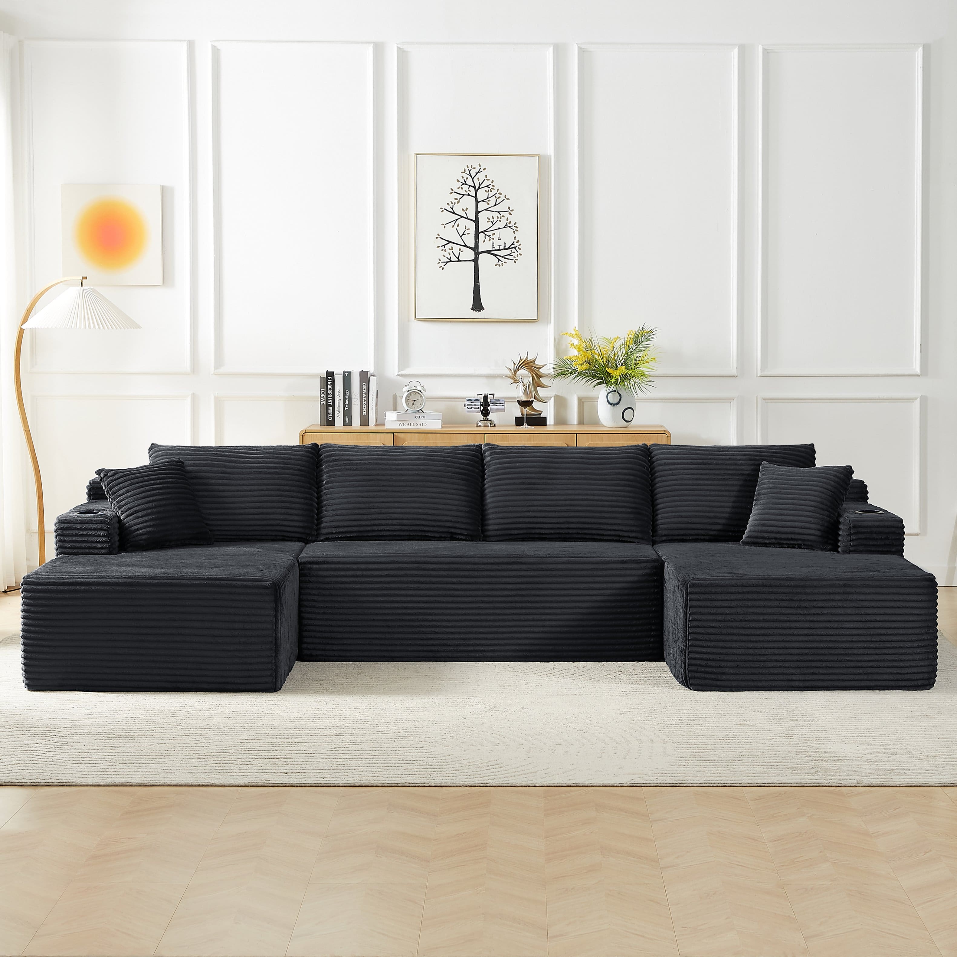 Front. Aukfa - U-Shaped Sectional Sofa Set - Minimalist Modular Design, Corduroy Cloud Couch for Living Room - Dark Gray.