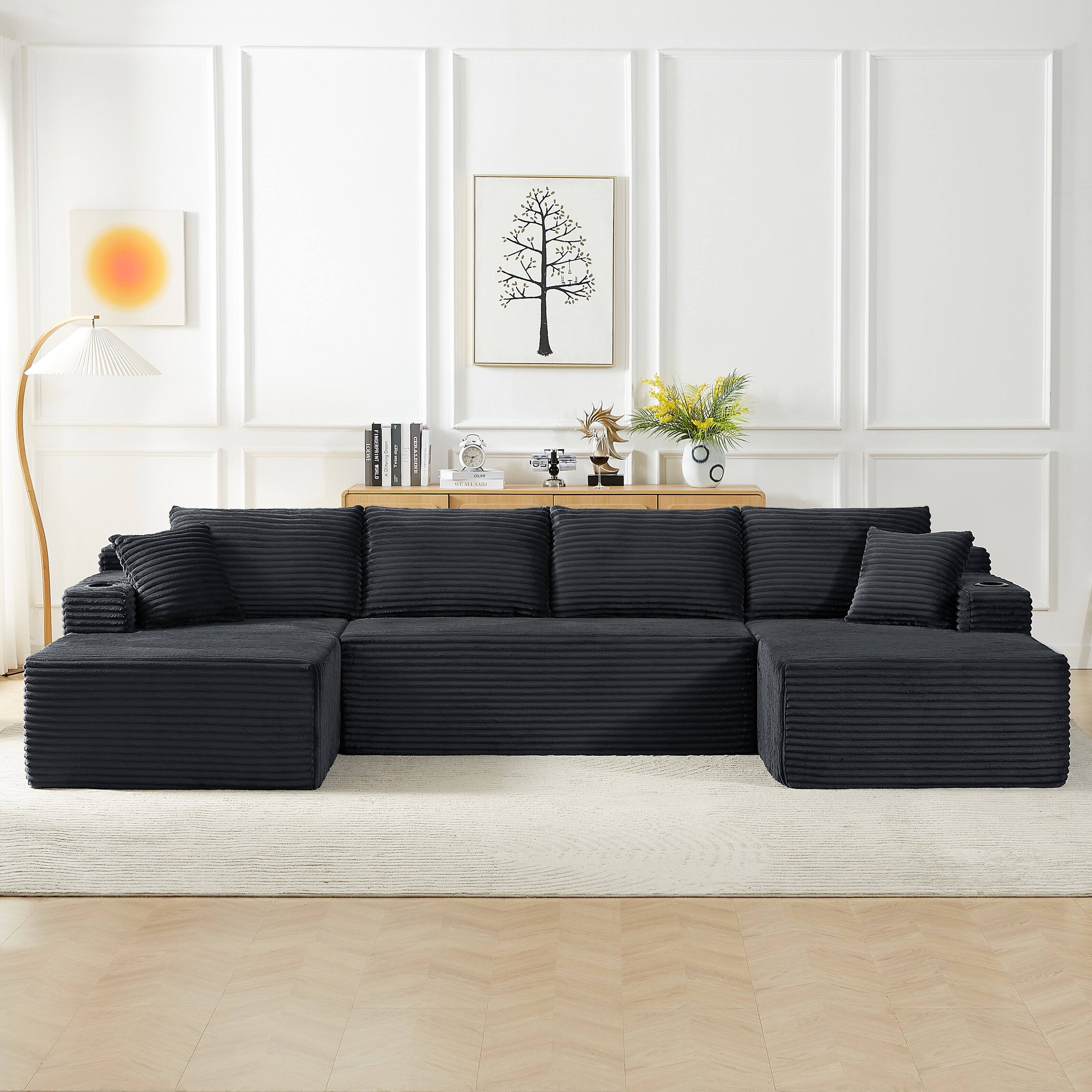 Aukfa - U-Shaped Sectional Sofa Set - Minimalist Modular Design, Corduroy Cloud Couch for Living Room - Dark Gray