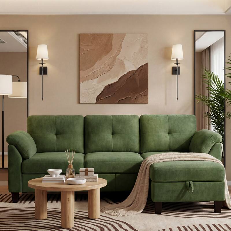 Left. Dyonery - 79" Modular L-Shaped Sectional Sofa, Modern 4-Seat Cloud Couch with Storage Ottoman, Comfy Convertible Furniture Set. - Green.