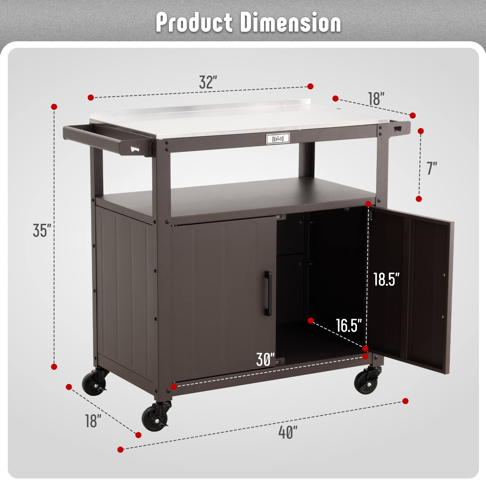 Product Dimension

- Length: 40"
- Width: 32"
- Height: 35"
- Shelf Height: 18"
- Drawer Height: 7"
- Drawer Width: 18.5"
- Drawer Depth: 16.5"
- Cabinet Width: 30"
- Cabinet Height: 18"