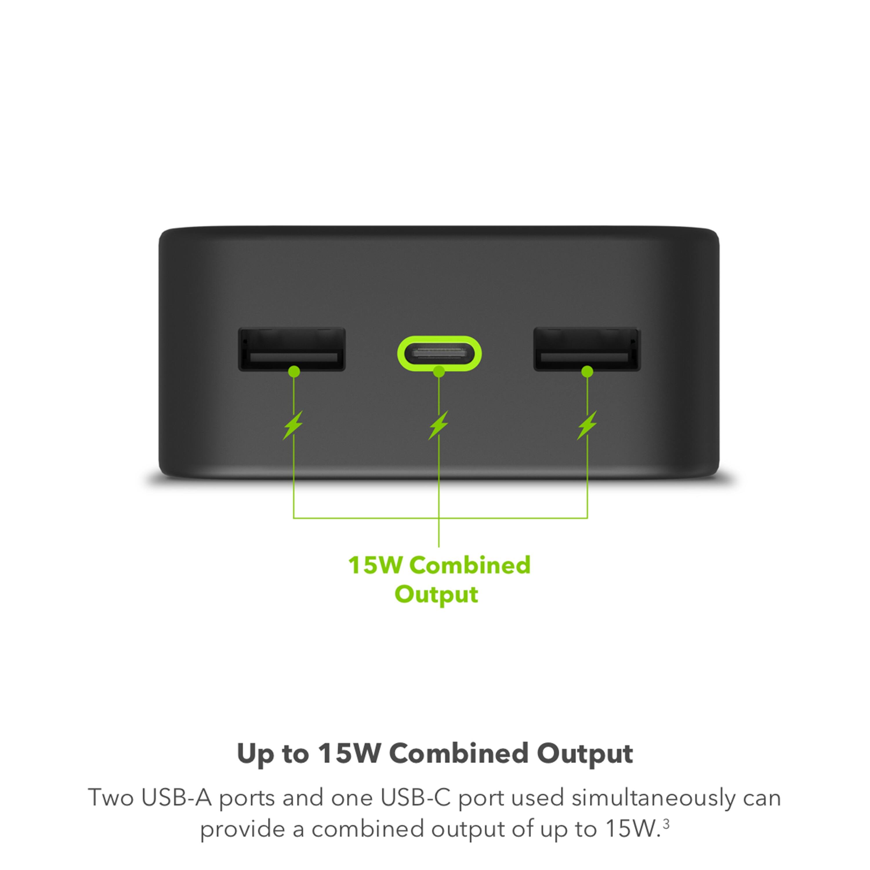 The image features a portable power pack with a combined output of up to 15W. It has two USB-A ports and one USB-C port, which can be used simultaneously to provide a combined output of up to 15W. This portable power pack is ideal for charging multiple devices at once, making it a convenient and efficient solution for those who need to charge their devices on the go.