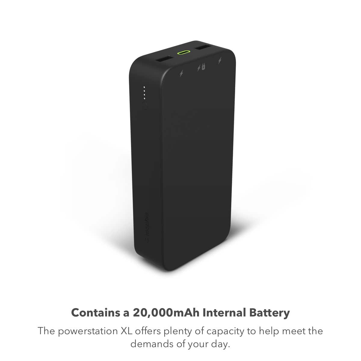 The image features a black portable power pack with a 20,000mAh internal battery. The power station XL is designed to provide ample capacity to meet the power demands of your daily activities. The product is displayed against a white background, emphasizing its sleek design and functionality.