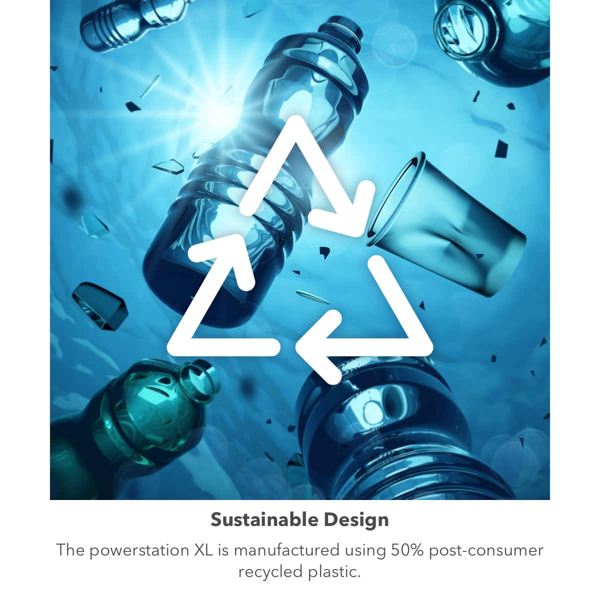 The image showcases a sustainable design for a portable power pack. The powerstation XL is made using 50% post-consumer recycled plastic, which demonstrates a commitment to environmental responsibility. The design incorporates a recycled plastic bottle, which is transformed into a functional and eco-friendly product. The image features a bottle with a recycling symbol, emphasizing the recycled material used in the product's construction. This sustainable design not only reduces waste but also promotes the use of recycled materials in everyday products.