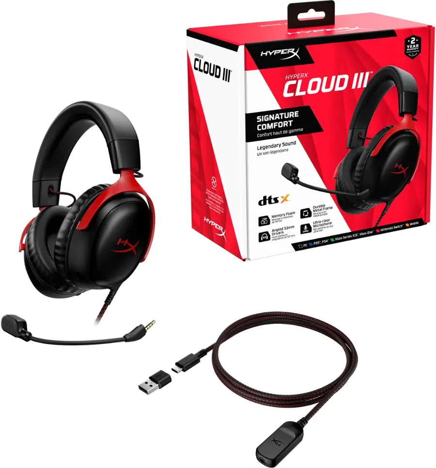 Alt View 15. HyperX - Cloud III Wired Gaming Headset for PC, PS5, PS4, Xbox Series X|S, Xbox One, Nintendo Switch, and Mobile - Black/Red.