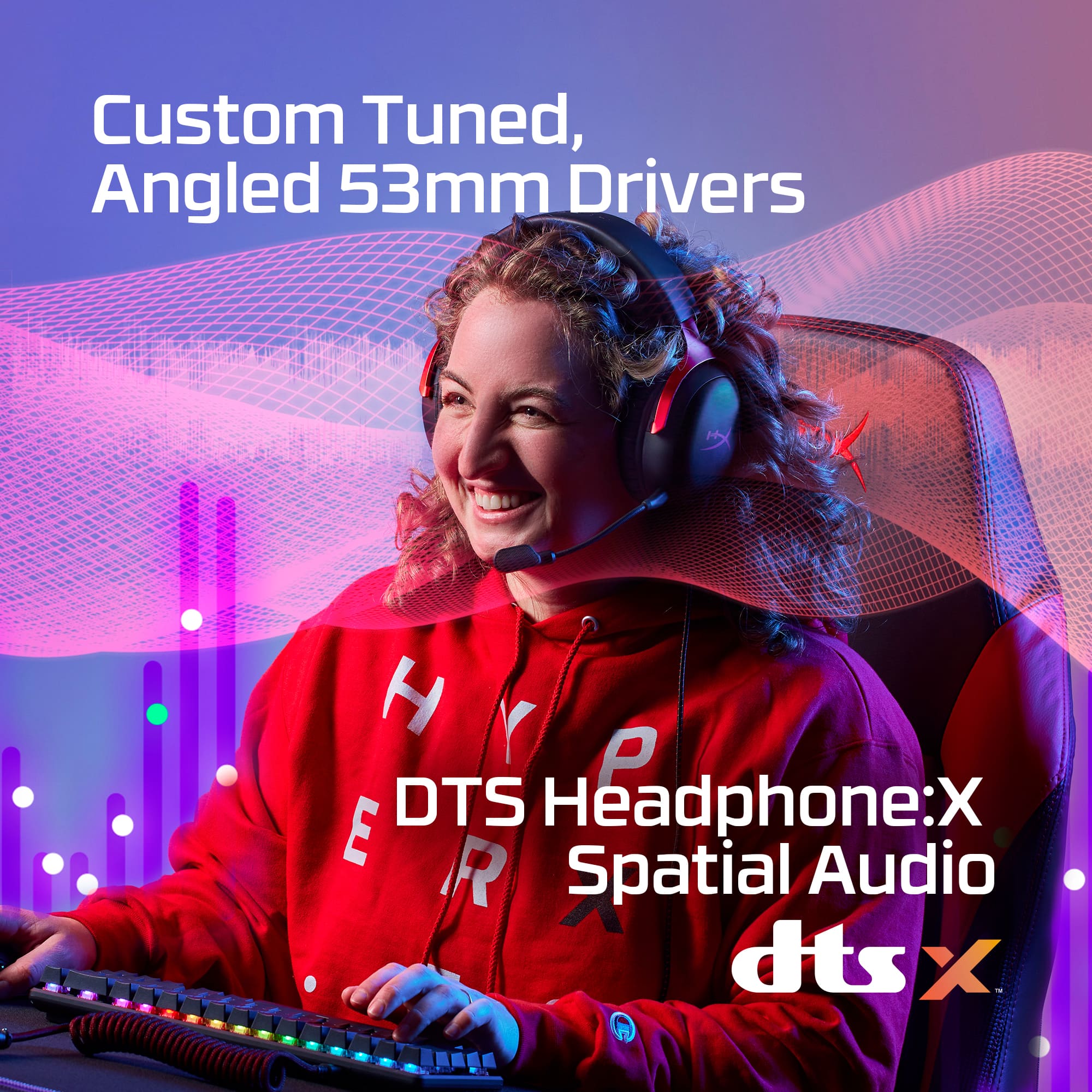 Custom Tuned, Angled 53mm Drivers H y DTS R E Headphone:X R Spatial Audio dtsx X