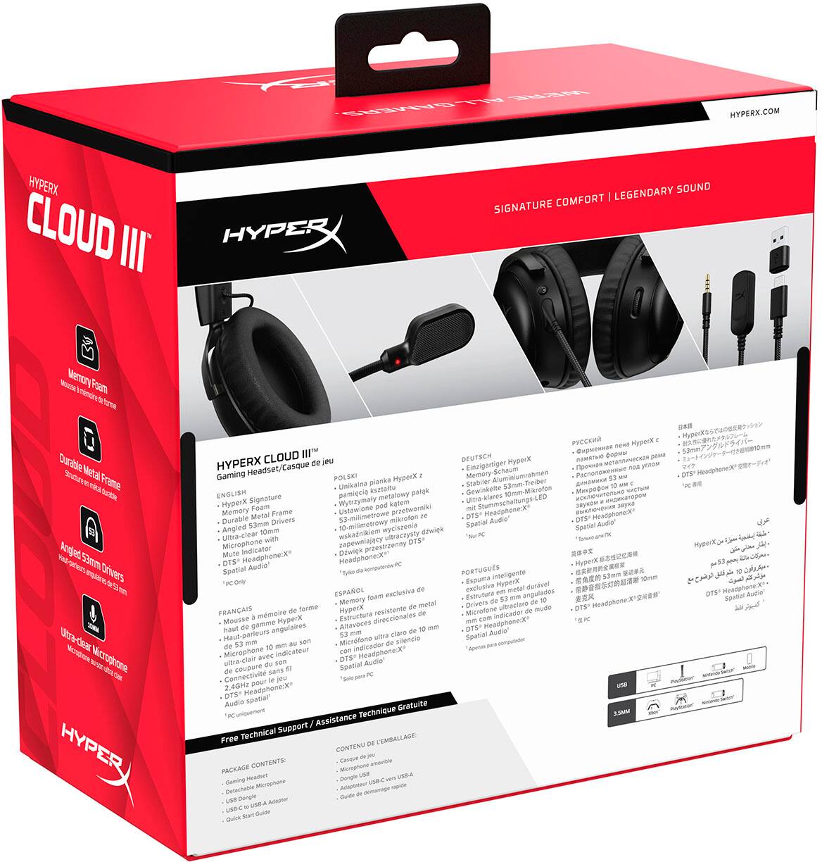 The text on the image reads:

"HyperX Cloud III HyperX Legendary Sound Signature Comfort Memory Foam HyperX Cloud III Headset/Casque Einzigertiger Memory-Schaum Gaming POLSKI piogimes hsztale pa Gewinkeite Men Signature Wytraymaly metalowy Uitnakanes HyperX Foam Kademn 28W 24 Memery Meial Frame 53-millmetrowe Usiewiene grzetwornk s Headphone:X Headphone: Durable Drivers mikraten Spatian Audie DTE Boadie Angled Slmm 0-milimetrowy myciszenia Sputial Uftra-clear SCen wikaem uitraceysity dtwick N -ith Rapeweiajecy DEE- Micrephone Indivator praestizenny Mute Headphone:X Headphone:X Ditwick prg Audia' Spatial "540 PORTUGUES inteligente "eon Ecpuma 10mm exclusiva Hyperk duraoel ESPAOL esclutiva medtal engulades Soam Evinuluna  Memory metal D_ivercsce uitraciaro FRANAIS farme"