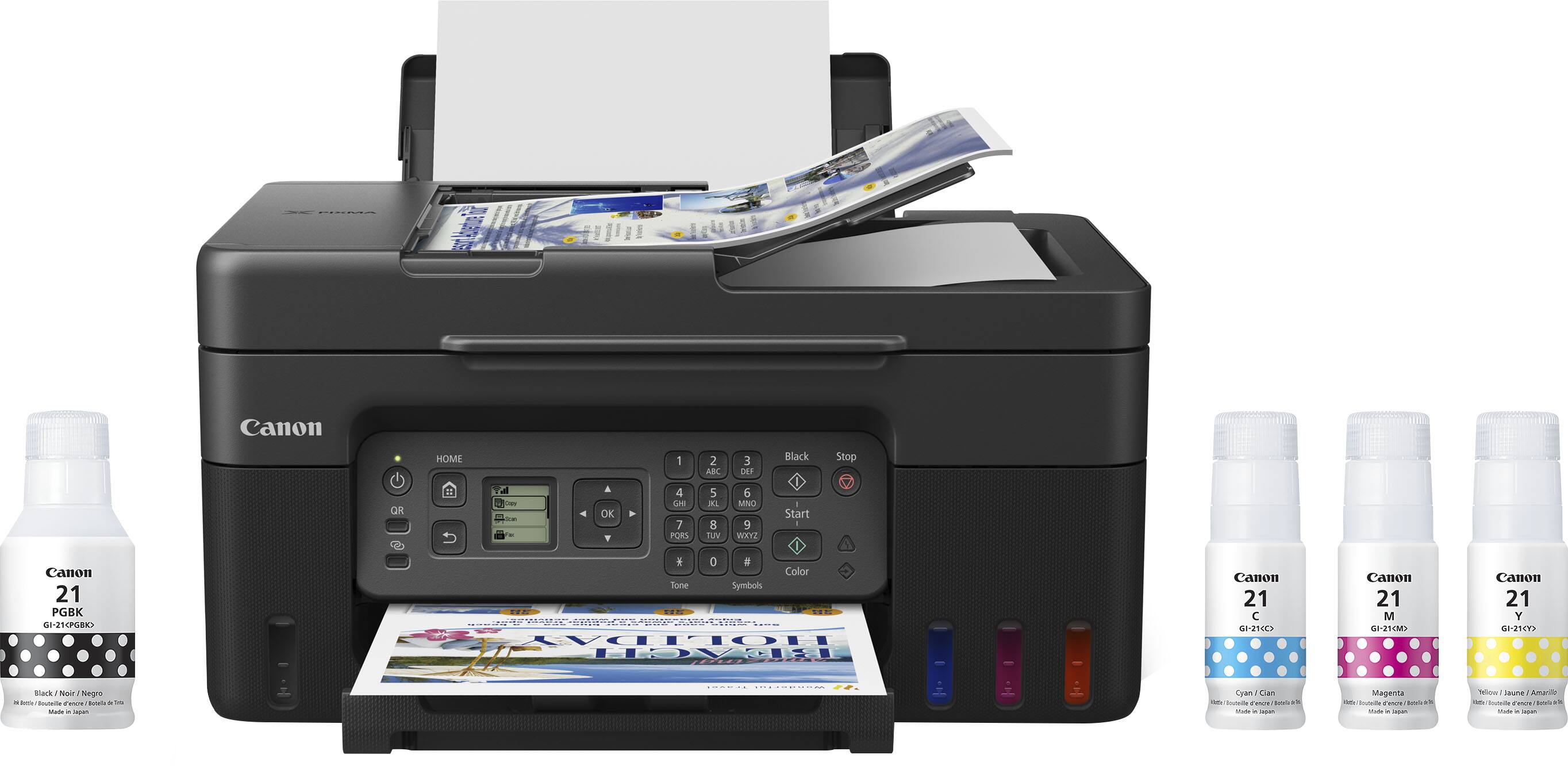 The image features a Canon printer with a variety of cartridges and ink. The printer is sitting on a desk, and there are several cartridges placed around it. The cartridges come in different colors and are likely used for printing various types of documents and images. The printer is designed to handle a wide range of printing tasks, making it a versatile and reliable tool for office or home use.
