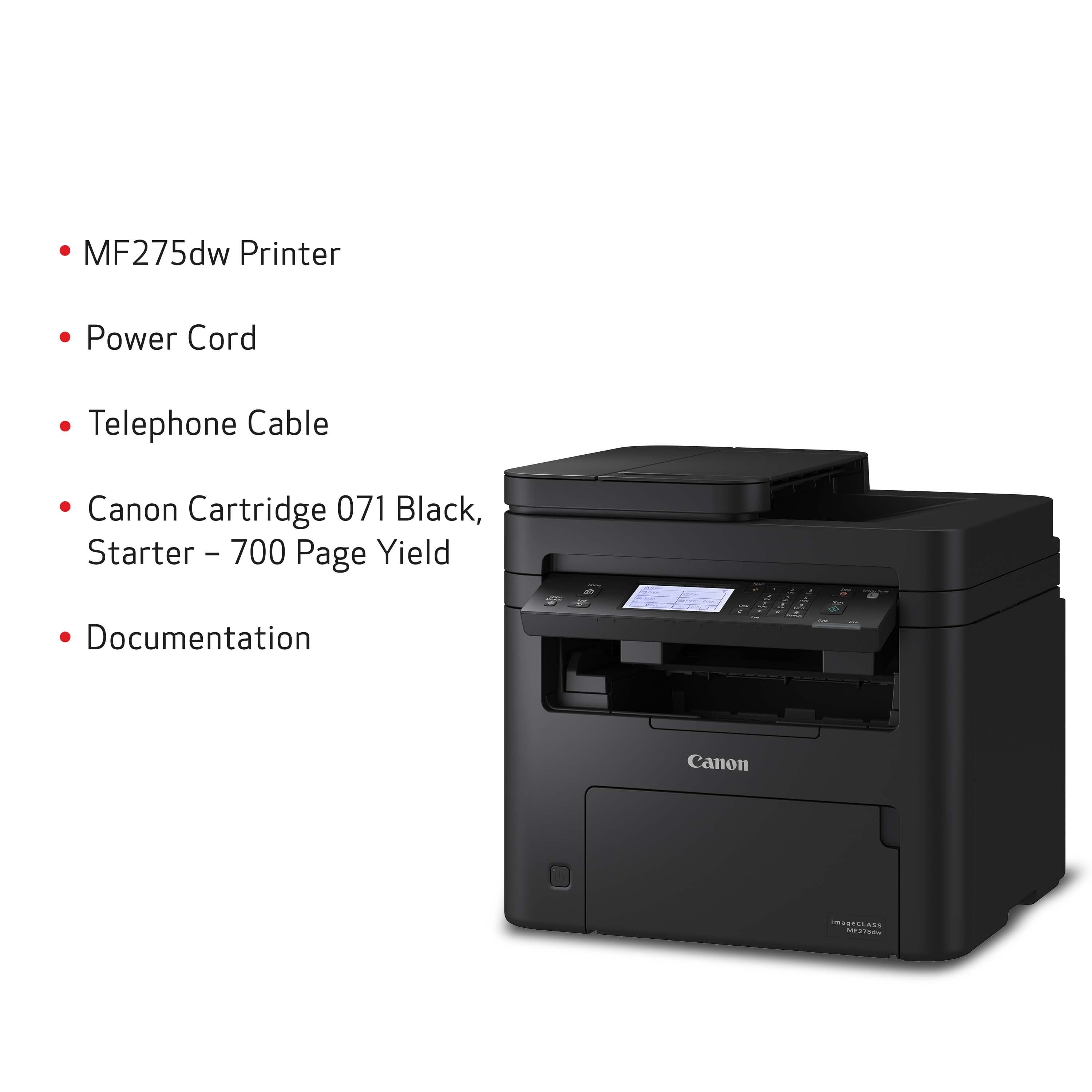 The image features a Canon MF275dw printer, which is a black laser printer. The printer is accompanied by a power cord and a telephone cable. The printer uses a Canon cartridge 071 black, which has a starter yield of 700 pages. The printer also comes with documentation, making it a complete and functional device.