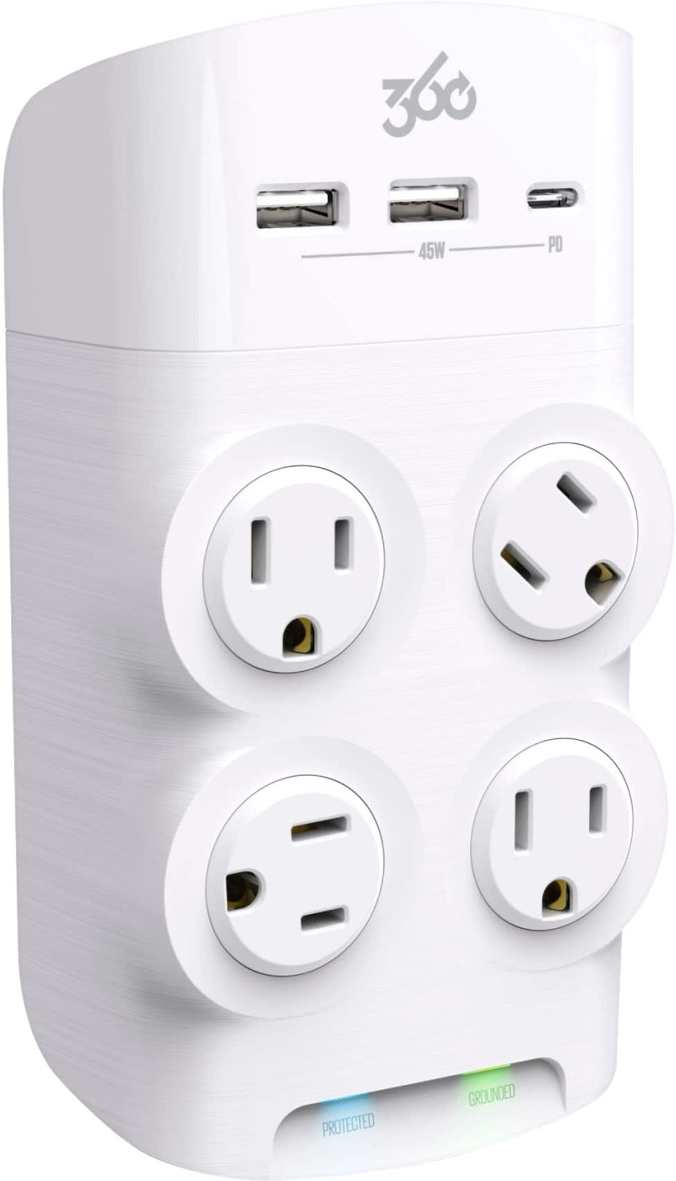 360 Electrical - Revolve45, 4 Rotating Outlets/2 USB-A and 1 USB-C 1080 Joules Surge Protector - White - Front_Zoom