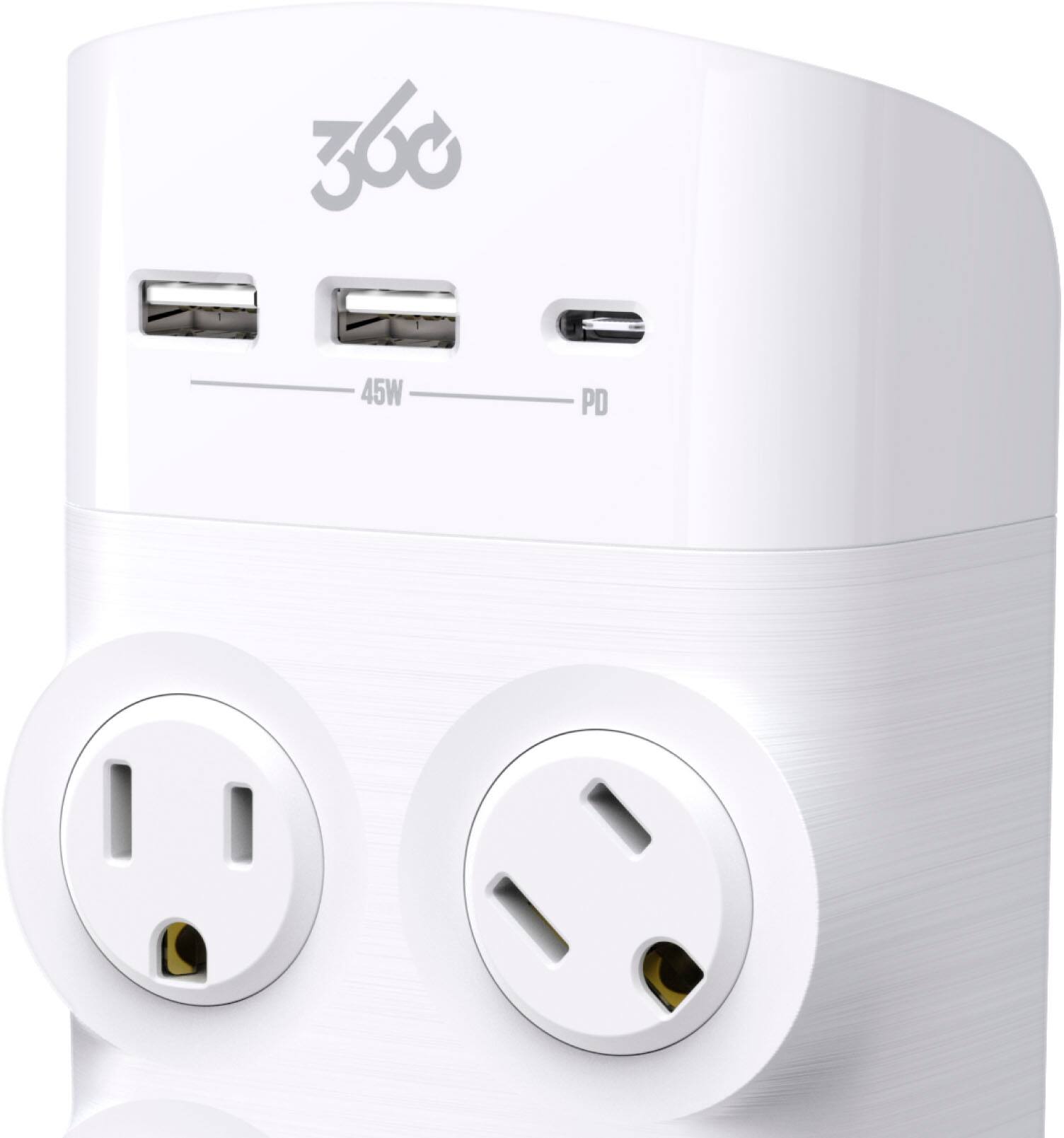 The text on the image reads "360 45W PD." This suggests that the device is a 360-degree power adapter with a 45-watt power delivery (PD) feature.