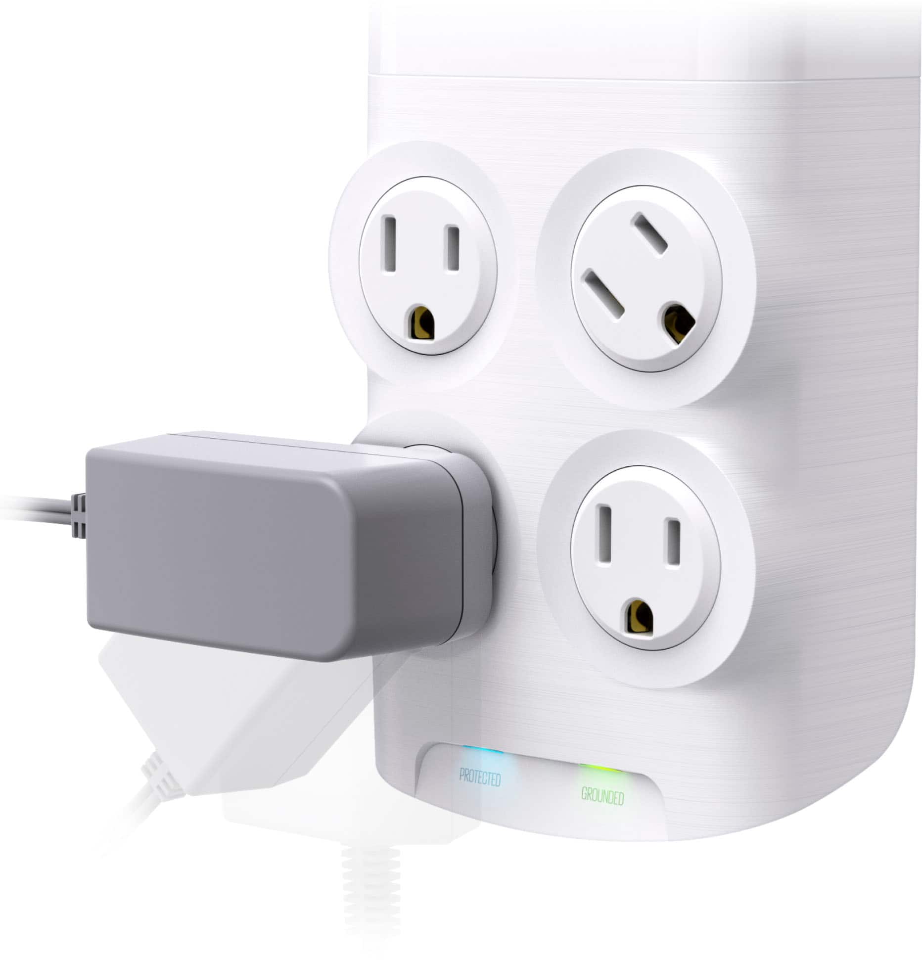 The image features a white power strip with four outlets. The outlets are protected and grounded, ensuring the safety of the devices plugged into them. The power strip is designed to accommodate various devices, making it a versatile and practical accessory for any home or office.