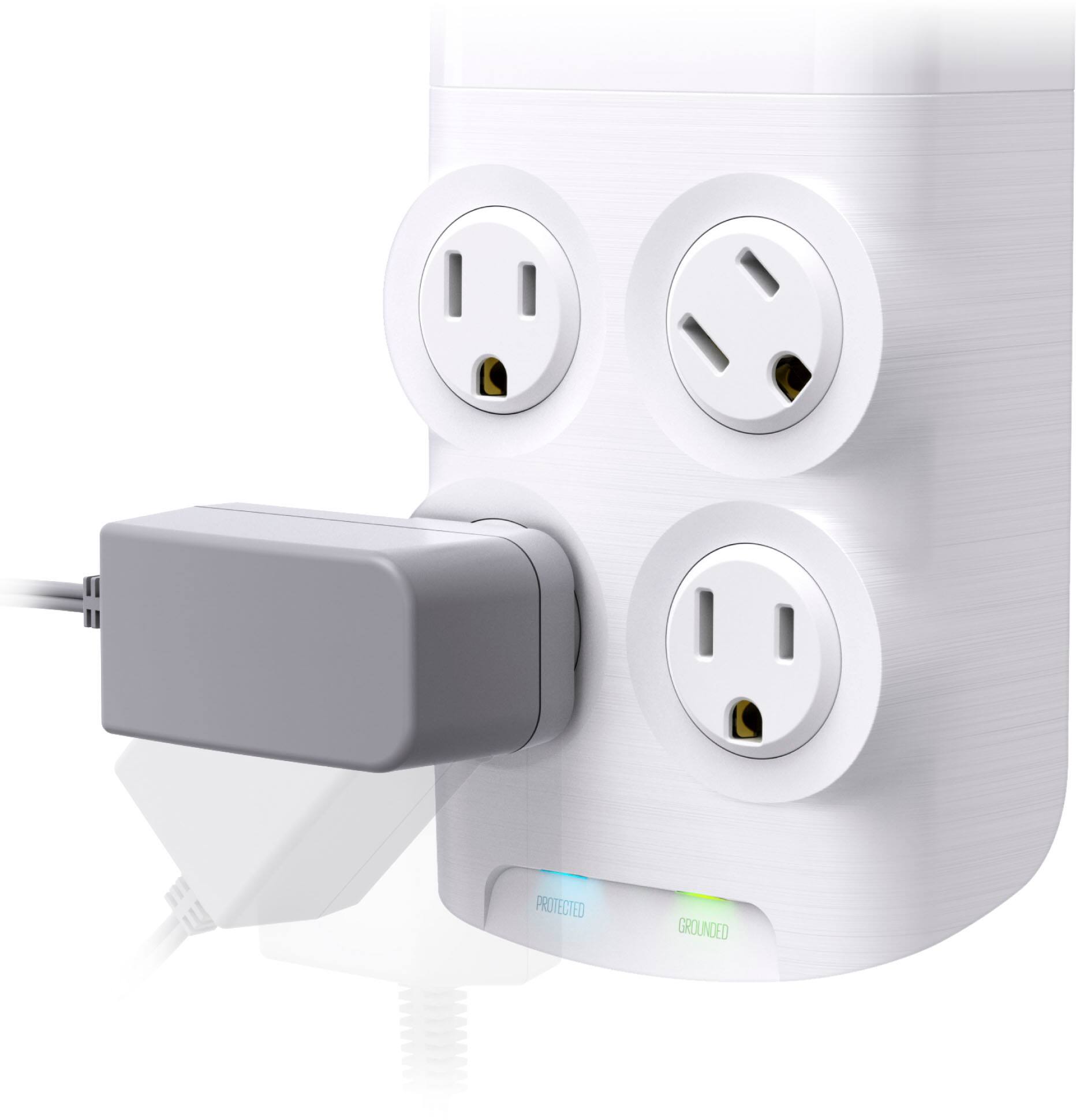 The image features a white power strip with four outlets. The outlets are protected and grounded, ensuring the safety of the devices plugged into them. The power strip is designed to accommodate various devices, making it a versatile and practical accessory for any home or office.
