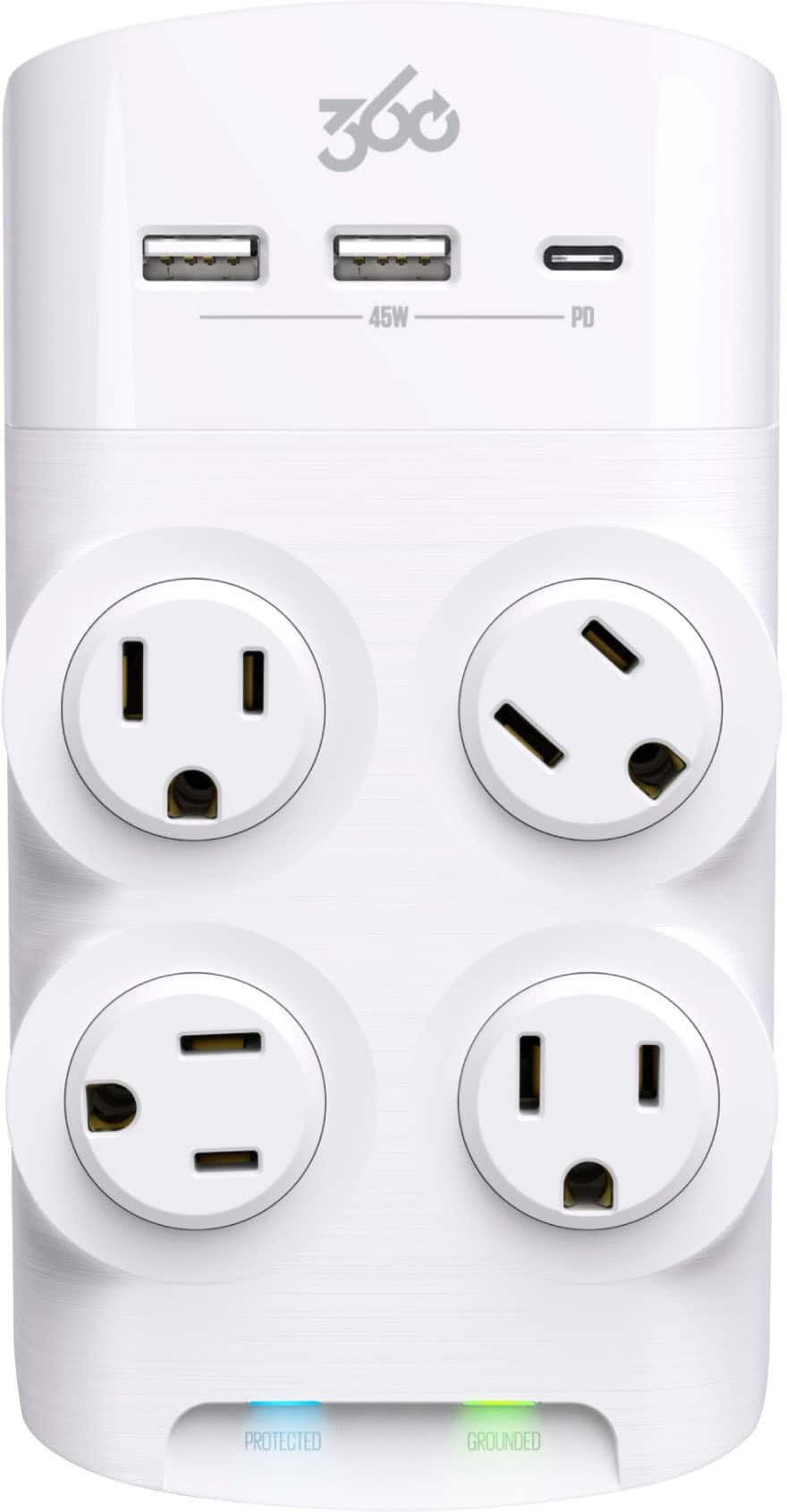 The text on the image reads "360 45W PD PROTECTED GROUNDED." This suggests that the device is a power strip with four outlets and a USB port, providing 45 watts of power and protection against grounding issues.