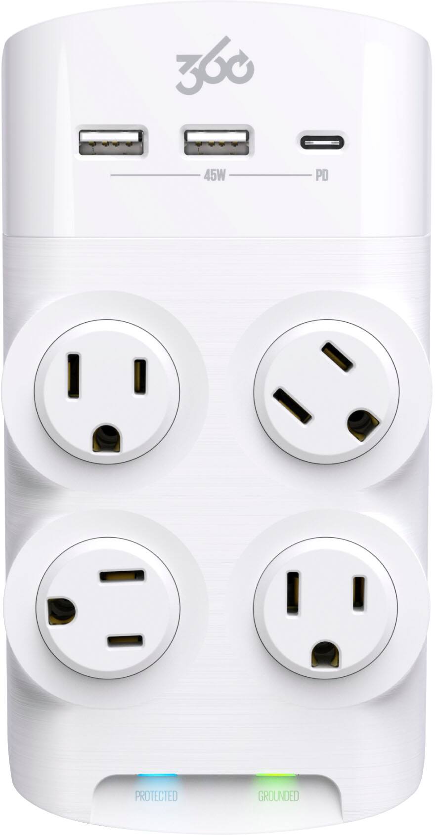 The text on the image reads "360 45W PD  PROTECTED GROUNDED." This suggests that the device is a power strip with four outlets and a USB port, providing 45 watts of power and protection against grounding issues.