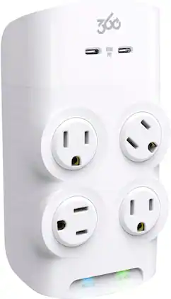 360 Electrical - Revolve60, 4 Rotating Outlets/ 2 USB-C 1080 Joules Surge Protector - White