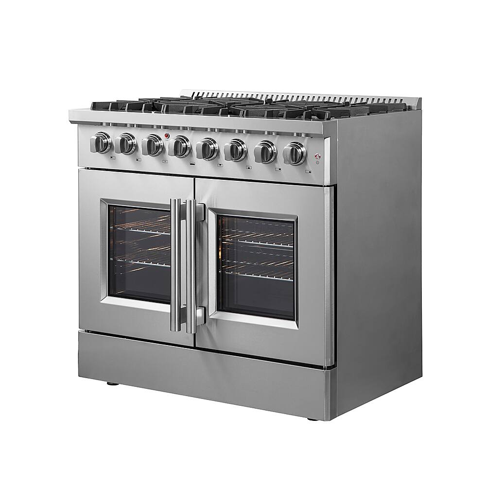 Left View: Forno Appliances - Galiano 5.36 Cu. Ft. Freestanding Dual Fuel Range with French Doors and Convection Oven - Stainless Steel