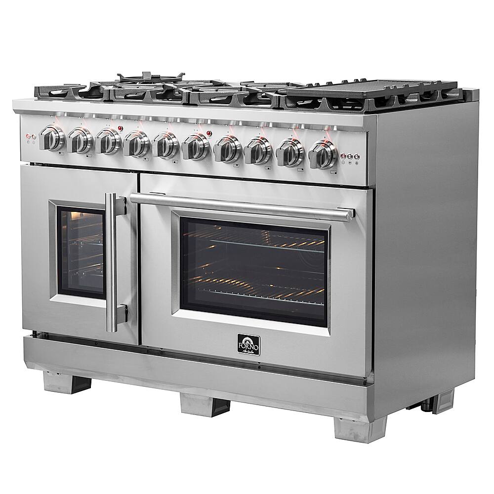 Angle. Forno Appliances - Capriasca 6.58 Cu. Ft. Freestanding Double Oven Gas Range with Left Swing Door and Air Fry Function - Silver.