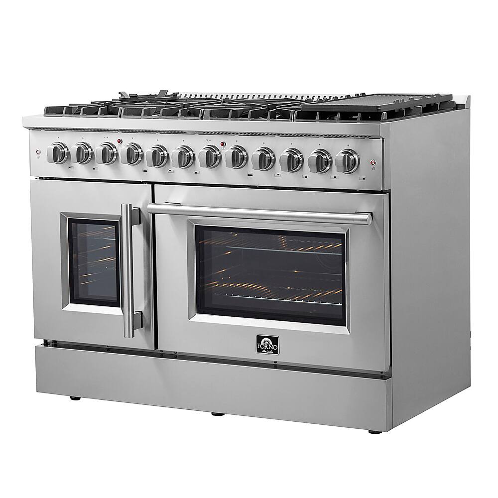 Angle. Forno Appliances - Galiano 6.58 Cu. Ft. Freestanding Double Oven Dual Fuel Range with Left Swing Door and Air Fry Function - Stainless Steel.