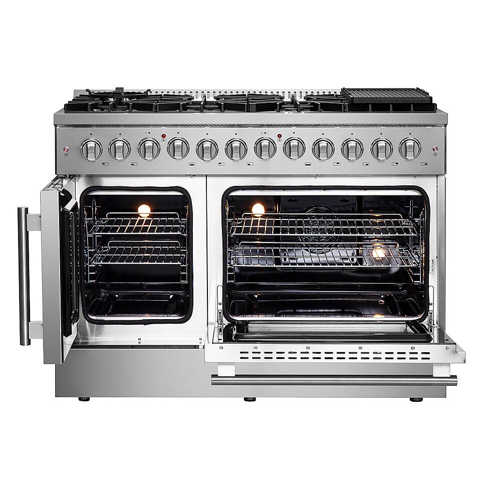 Left. Forno Appliances - Galiano 6.58 Cu. Ft. Freestanding Double Oven Dual Fuel Range with Left Swing Door and Air Fry Function - Stainless Steel.
